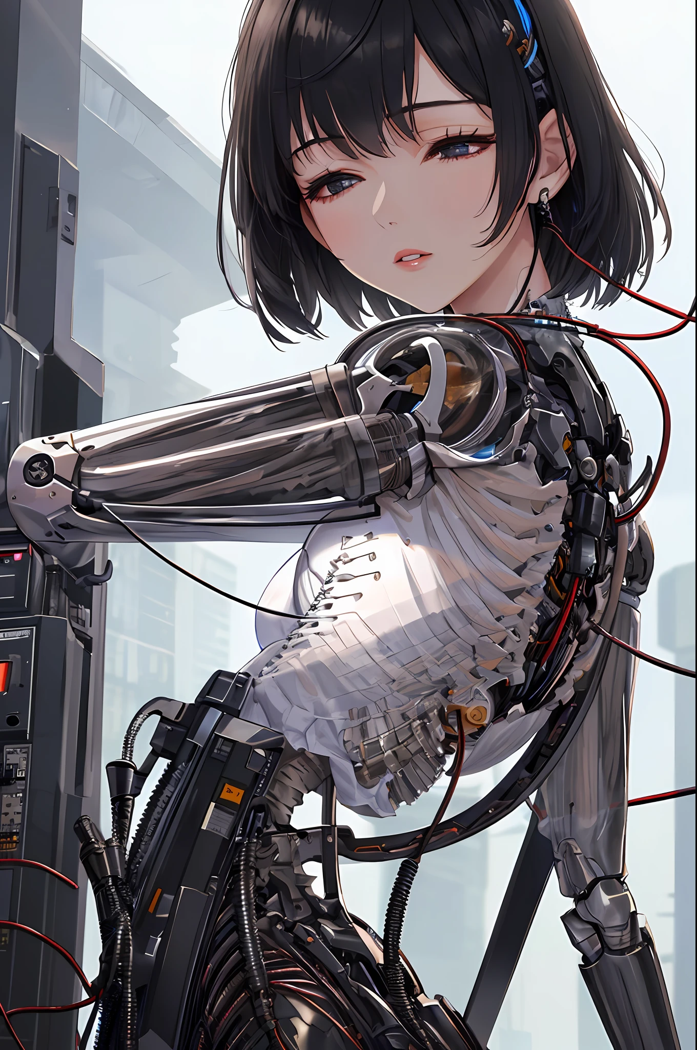 Top quality, masterpieces, masterpieces, highly detailed 8k wallpapers, realistic, incredibly detailed, Show from the back to the shoulders, solo focus, girl,back focus, very short hair, black hair, detailed beautiful face, Expressionless, looking_away, parted_lips,((half closed eyes)),(machine made joints, machanical limbs, mechanical vertebra attaching to back, mechanical cervial attaching to neck, wires and cables attaching to head and body:1.1),
(wires and cables attaching:1.3),