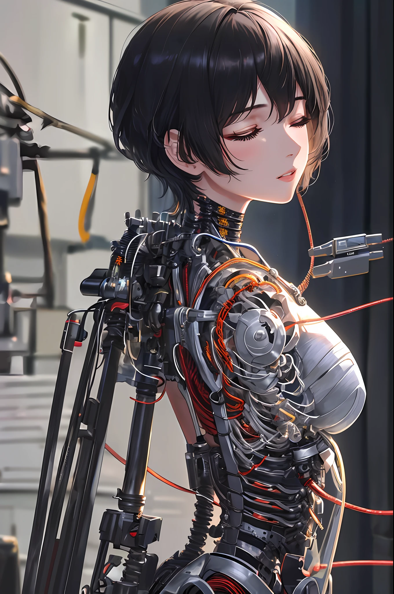 Top quality, masterpieces, masterpieces, highly detailed 8k wallpapers, realistic, incredibly detailed, Show from the back to the shoulders, solo focus, girl,back focus, very short hair, black hair, detailed beautiful face, Expressionless, looking_away, parted_lips,((half closed eyes)),(machine made joints, machanical limbs, mechanical vertebra attaching to back, mechanical cervial attaching to neck, wires and cables attaching to head and body:1.1),
(wires and cables attaching:1.3),