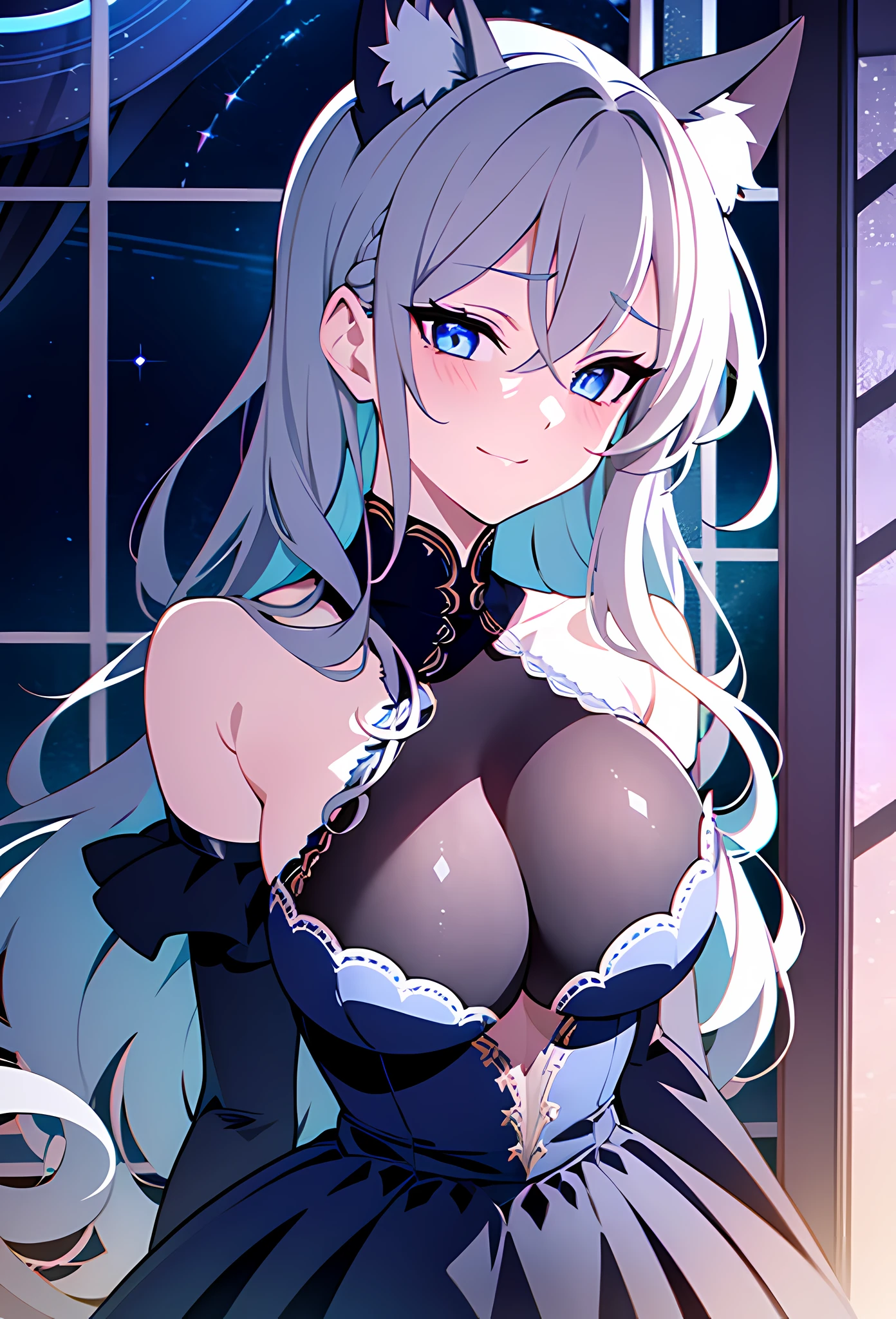 {{masterpiece, extremely detailed, 8K, absurdres, high quality shadowing}}, {{facing viewer}}, best quality, {solo}, {{extremely detailed girl}}, perfect anatomy, perfect anatomy, {{bare shoulders showing}}, {{huge breast}}, {{breast apart}},{tits poking through}} {slim waist}, {slim legs}, {{{{detailed fingers}}}}, {{{detailed tits}}}, {{{detailed legs}}}, {{{seductive thighs}}},{{{ private area showing}}, {{{{extremely detailed shoulder length dark grey white hair}}}}, {{{luscious curly braided hair}}}, cat ears, {{pink inner cat ear flaps}}, {{{extremely detailed eyes}}}, {{{{sharp white cat eyes iris}}}}, {{{{dark blue eyes}}}}, {{{{vibrant eye colors}}}}, {{{blushing}}}, {{cute shy smile expression}}, night clothes, {{{{extremely detailed dark grey off shoulder jacket}}}}, {{{detailed black long evening dress}}}, {{{detailed cabaret dress}}} {{{detailed dark blue high heels}}}, {{standing in a ball room with the lights out and stars shining through a window}}