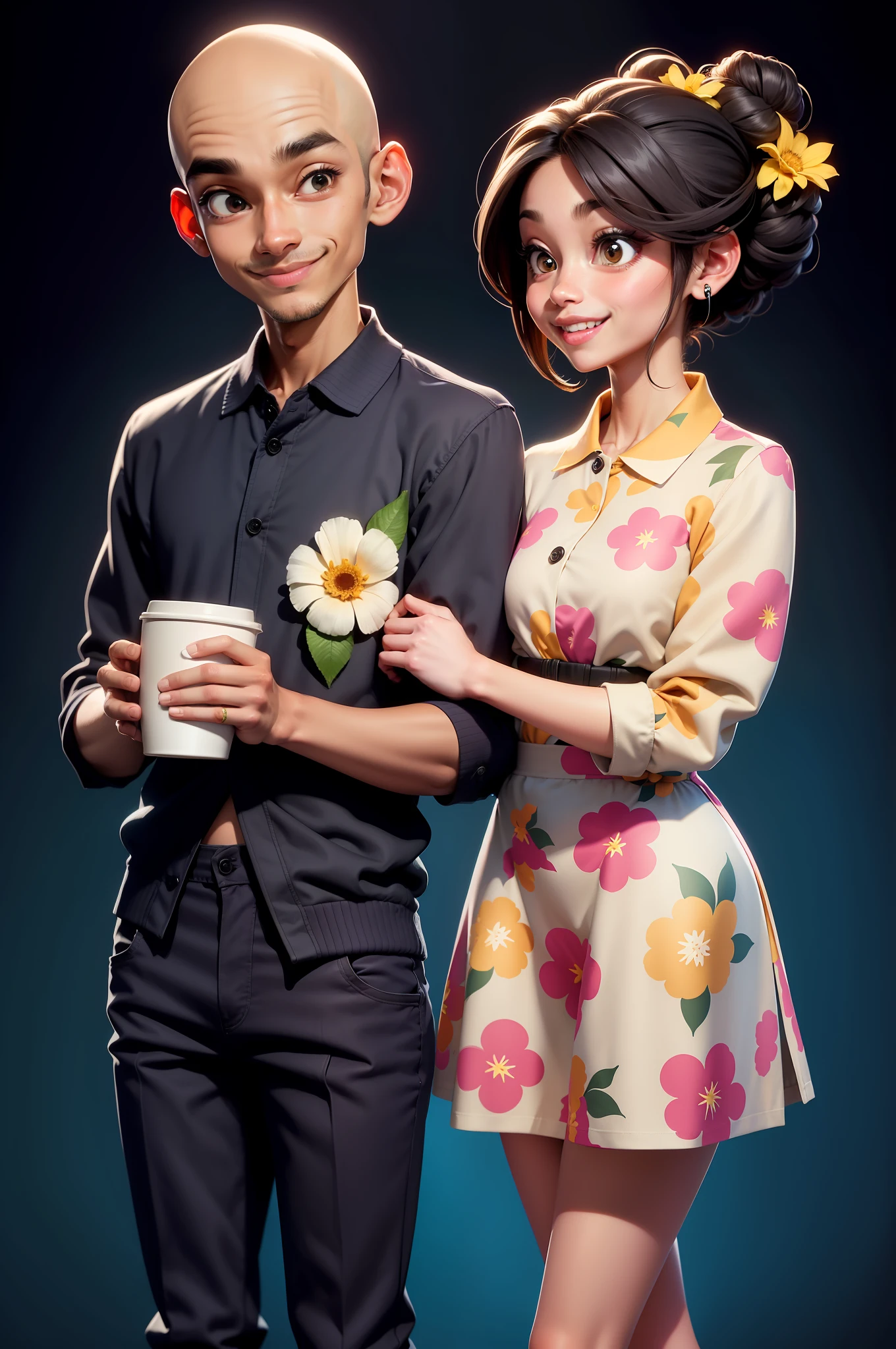 a fashionable couple standing and laughing happily together, each holding a cup of coffee. Their fashion style follows the flower school, the boy's shirt has the same pattern as the girl's pants, and the pattern on the girl's shirt matches the pattern on the boy's pants, high fashion. Girl with a high bun, with a flower in her hair. Manly bald guy, smart, black guy, guy in grey short polo t-shirt, look at a viewer