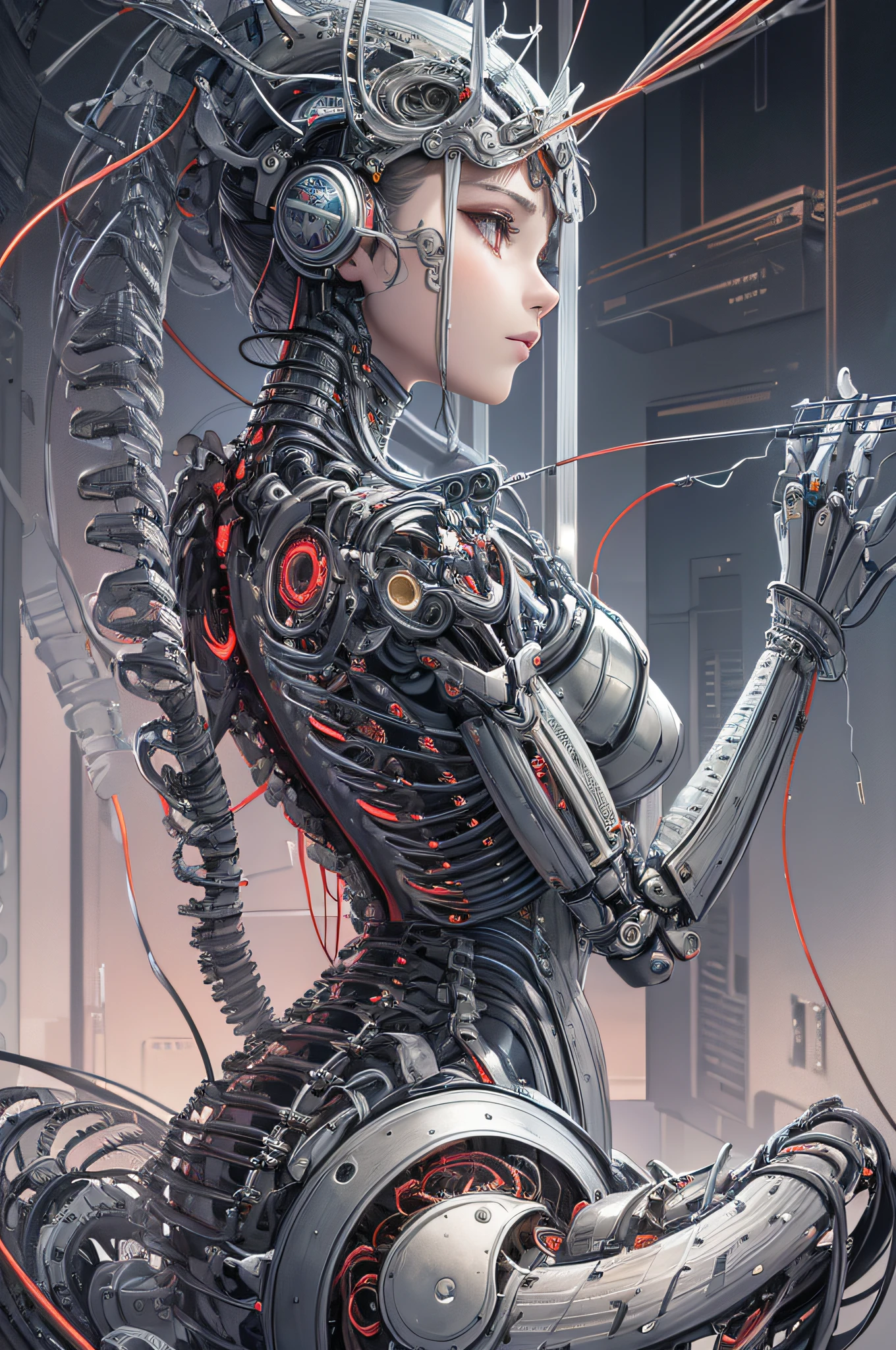 (((masterpiece))), (((best quality))), ((ultra-detailed)), (highly detailed CG illustration), ((an extremely delicate and beautiful)),(from side),cinematic light,((1mechanical girl)),solo,full body,(machine made joints:1.2),((machanical limbs)),(blood vessels connected to tubes),(mechanical vertebra attaching to back),((mechanical cervial attaching to neck)),(sitting),expressionless,(wires and cables attaching to neck:1.2),(wires and cables on head:1.2)(character focus),science fiction,extreme detailed,colorful,highest detailed