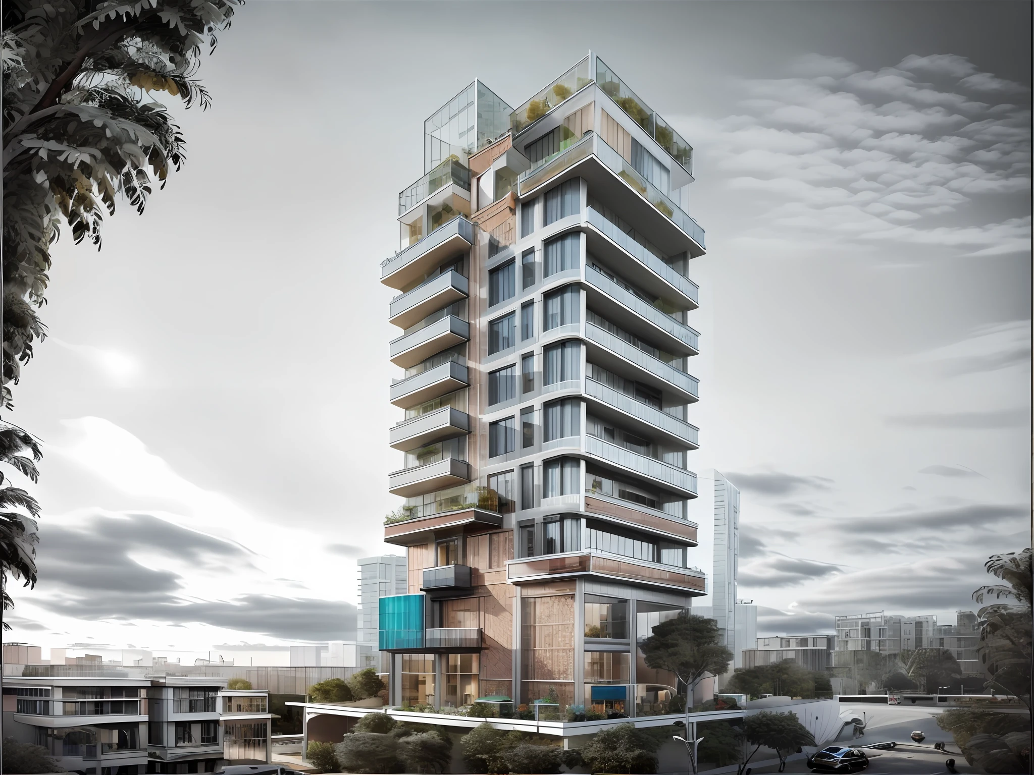 MINIMALIS, Amazing Realistic modern condominium tower in singapore with big overhang balcony and tress, Realistic black asphalt street and cars, city street with human and cars, contemporary Singapore apartment, condominium tower with overhang and cutout balcony, cutout balcony with plants and trees,a modern condominium tower with balcony cutout, glass curtain wall, shopping mall in the bottom, beautiful photo, Realistic render, edge and line enhance, shapener, octane render, ray tracing, 16k, ultra HD, Amazing beautiful modern condominium, perspective view, architectural scene, concrete structure exterior, 2 point perspective view, architectural photography, highrise condominium, Kengo Kuma, green balcony, cityscape in background, ray tracing, striped arrangements, wide angle, cloud, tree, skyscraper, blue sky, city, real world location (Image Sharpener:0.7) brutalism,brick wall,red brick,lattice facade,public building, building, house, outdoors, day,best quality, realistic, photorealistic,ultra detailed,16K,High quality texture,intricate details,detailed texture,finely detailed,photo of building , pixels perfect, sharpen edge, edges sharpener --auto --s2