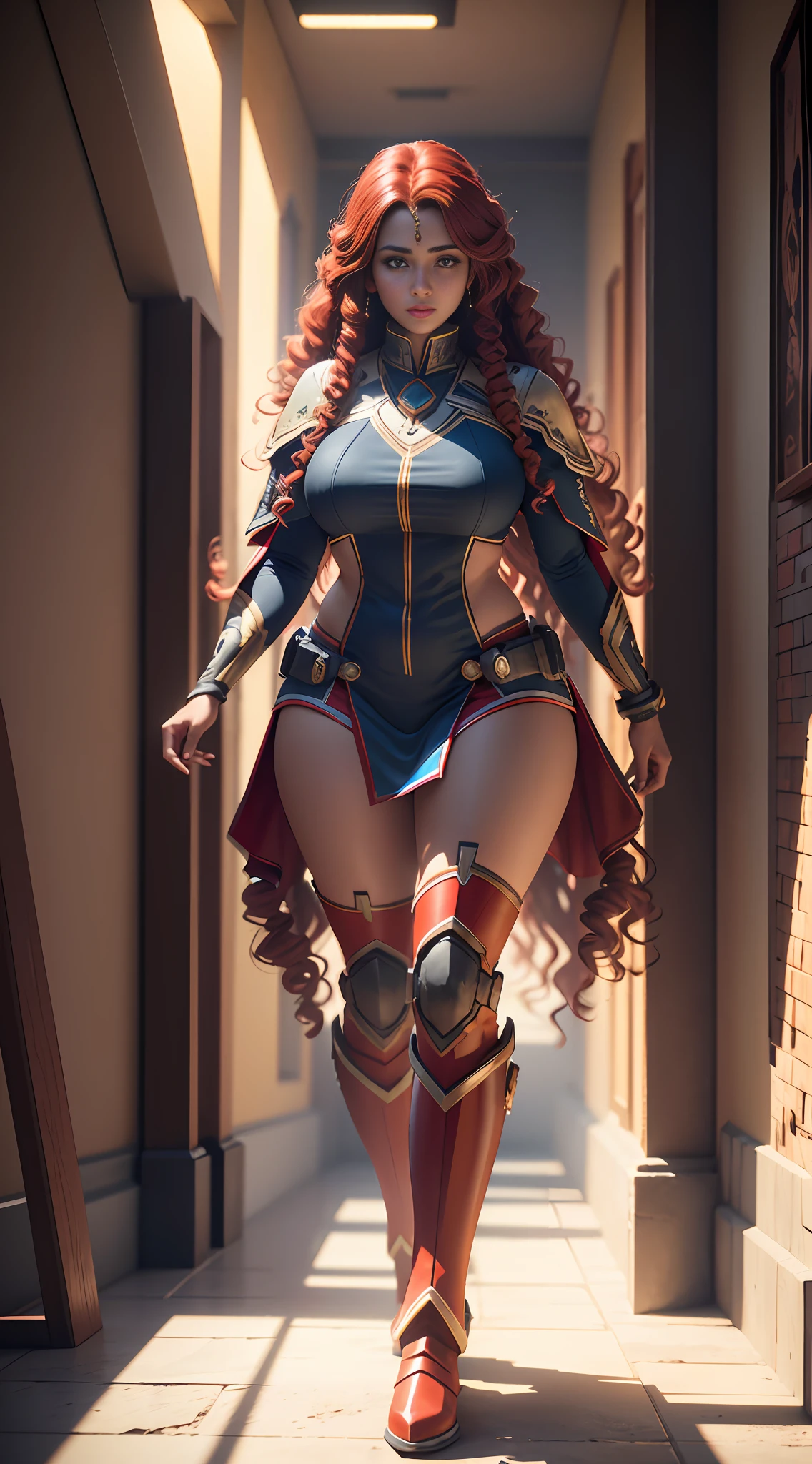 4k highly detailed realistic ((full body including legs)),  (((beautiful indian bollywood girl))), ((dark skin)),((thick lips)), ((long voluminous curly red hair)), (((red blue outfit))), ((mecha boots)), extremely detailed,((Best quality)), ((masterpiece)), (detailed:1.4), 3D,HDR (High Dynamic Range),Ray Tracing,NVIDIA RTX,Super-Resolution,Unreal 5,Subsurface scattering,PBR Texturing,Post-processing,Anisotropic Filtering,Depth-of-field,Maximum clarity and sharpness,Multi-layered textures,Albedo and Specular maps,Surface shading,Accurate simulation of light-material interaction,Perfect proportions,Octane Render,Two-tone lighting,Wide aperture,Low ISO,White balance,Rule of thirds,8K RAW,