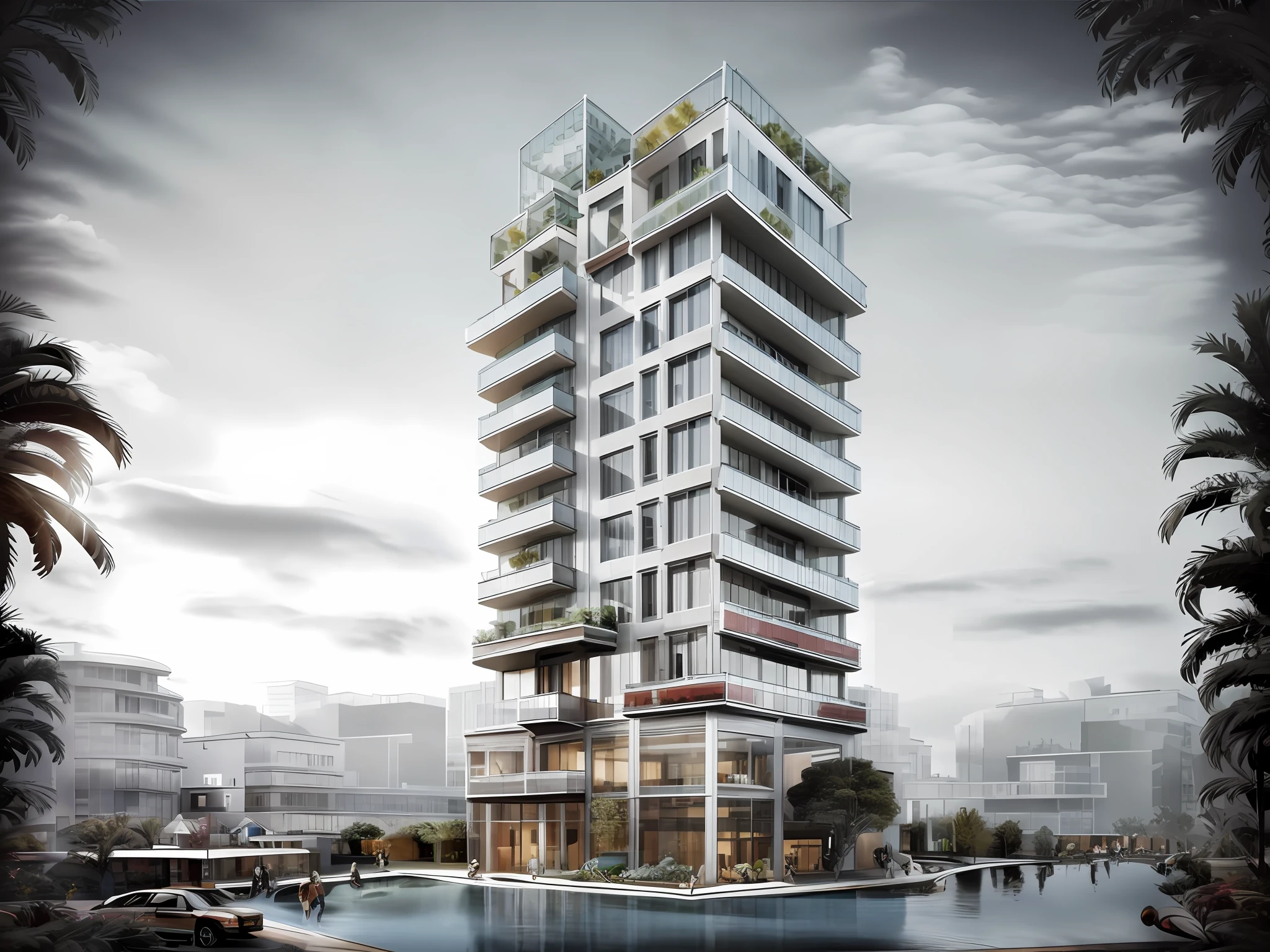 MINIMALIS, Amazing Realistic modern condominium tower in singapore with big overhang balcony and tress, Realistic black asphalt street and cars, city street with human and cars, contemporary Singapore apartment, condominium tower with overhang and cutout balcony, cutout balcony with plants and trees,a modern condominium tower with balcony cutout, glass curtain wall, shopping mall in the bottom, beautiful photo, Realistic render, edge and line enhance, shapener, octane render, ray tracing, 16k, ultra HD, Amazing beautiful modern condominium, perspective view, architectural scene, concrete structure exterior, 2 point perspective view, architectural photography, highrise condominium, Kengo Kuma, green balcony, cityscape in background, ray tracing, striped arrangements, wide angle, cloud, tree, skyscraper, blue sky, city, real world location (Image Sharpener:0.7) brutalism,brick wall,red brick,lattice facade,public building, building, house, outdoors, day,best quality, realistic, photorealistic,ultra detailed,16K,High quality texture,intricate details,detailed texture,finely detailed,photo of building , pixels perfect, sharpen edge, edges sharpener --auto --s2