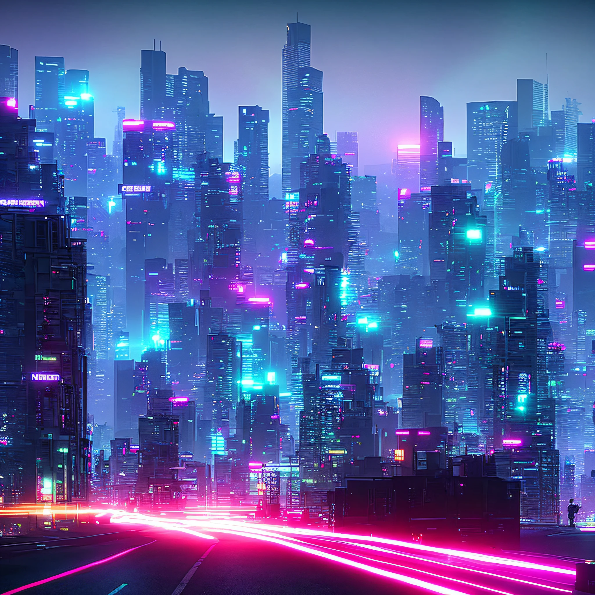 CyberCity, Future, First Person Road, (Very Detailed: 1.2), (Intricate Neon Slums in Background: 1.1), Ultra Detailed, (Soft Light: 1.2), High Resolution, Cinematic Particles.