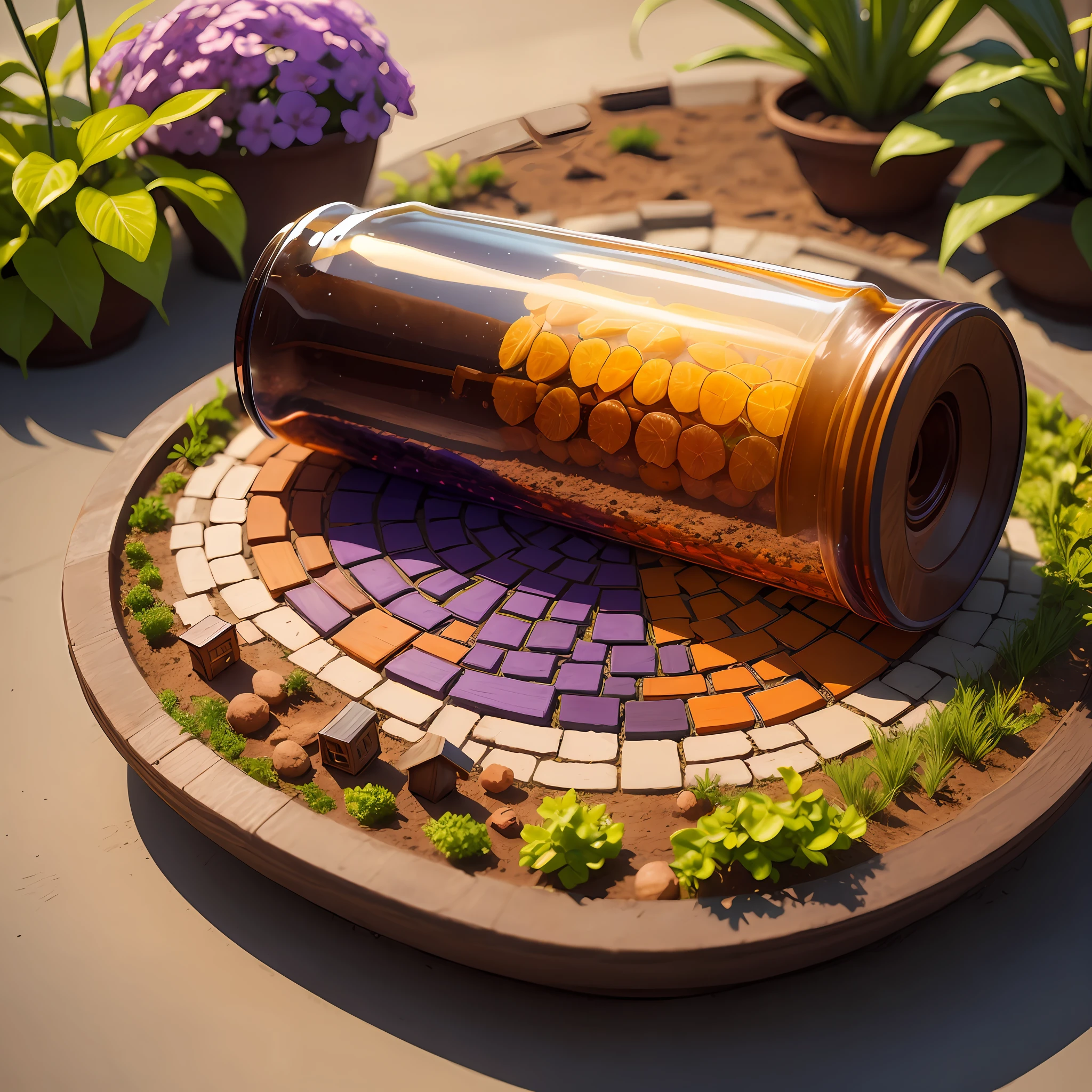 bottle, autism, puzzle, brazilian, colorful, magic, brown skin, brown skin, 4k, miniature, garden, nature, purple, orange, sketch