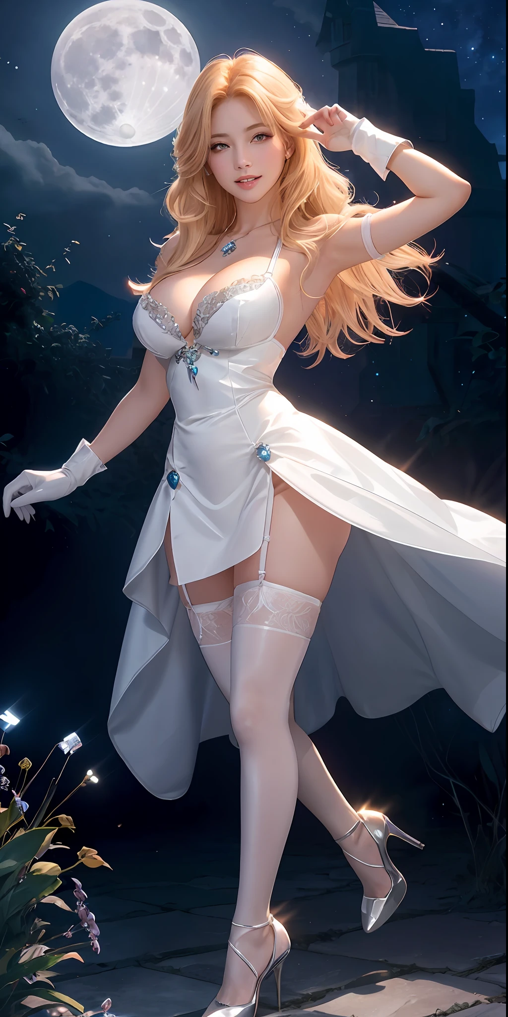 hair red gradient blonde, teeth, night sky, beautiful detailed face, cleavage, garter belt, closed high heels, face focus, shiny skin, game CG, nearby sky, moonlight, moon, white gloves, mini dress glass magical girl beauty, intricate surface details, crystal core, ethereal fantasy, realistic, fiction, full HD, 8K photos