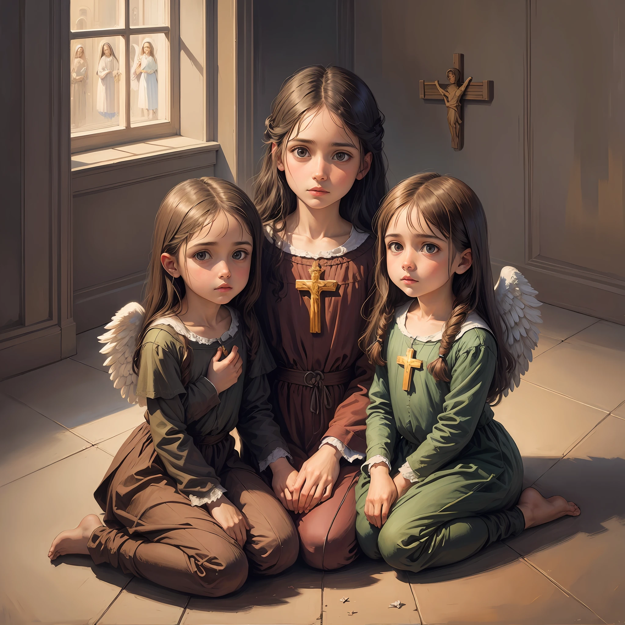 3 angels children, Catholic, with crucifix in hand, oil painting, --auto --s2
