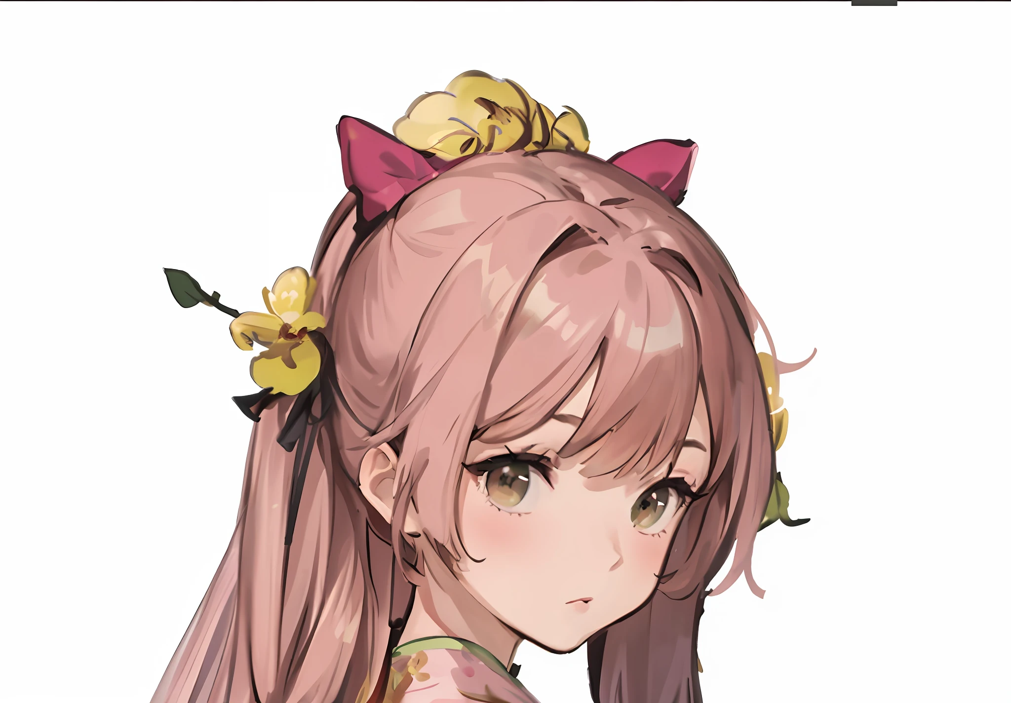 A kneeling girl, brown hair, black eyes, green clothes, green skirt, pink gradient, pink neckline, lotus pattern, Hanfu, Chinese dress, anime, two-dimensional, high quality,