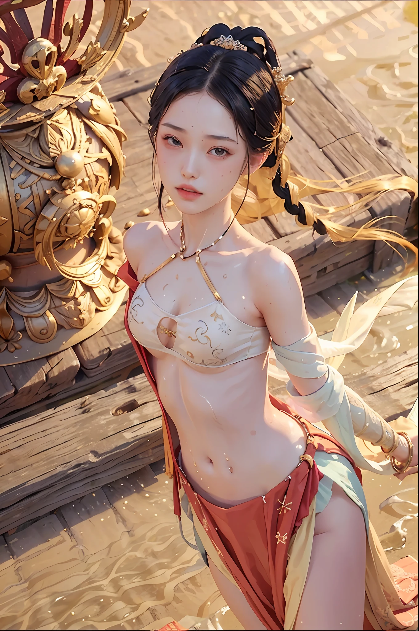 Realistic, girl, elegant and pure virgins of the Tang Dynasty, Perspective three point patch, revealing the perineum and the whole body, with suntanned skin, smooth and delicate skin, slender and charming waist. Not wearing clothes.Not wearing bras. exposed the chest.(Wet all over).Lie in the beach.