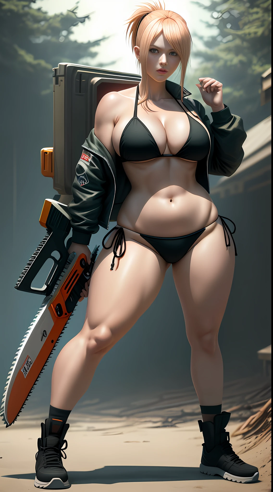 Chainsaw man full body character ((Power)) wearing a bikini, with big butt and big breasts, very sexy, very detailed, realistic, 8k resolution