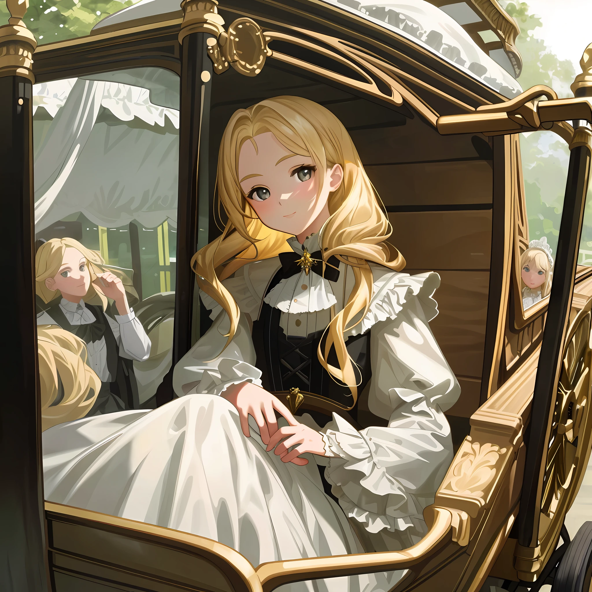 Masterpiece, beautiful, extremely detailed, beautiful girl,1girl, blonde hair, blonde eyes,frills dress,noble family,in a buggy,horse carriage, beautiful face, looking at viewer, shiny skin,