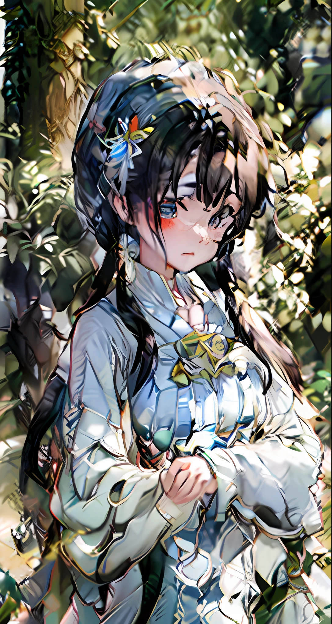 masterpiece, best quality, 1girl, solo, voxel art,white girl,ivory hair, mauve eyes, upset,absurdly long hair, low twintails,dress, trim dress,ribbon, Plant Hair Ornament , Pearls, Arm cuffs,classic, medieval, noble,Expressionless, Closed Mouth,Blush Eyeshadow,Pure desire