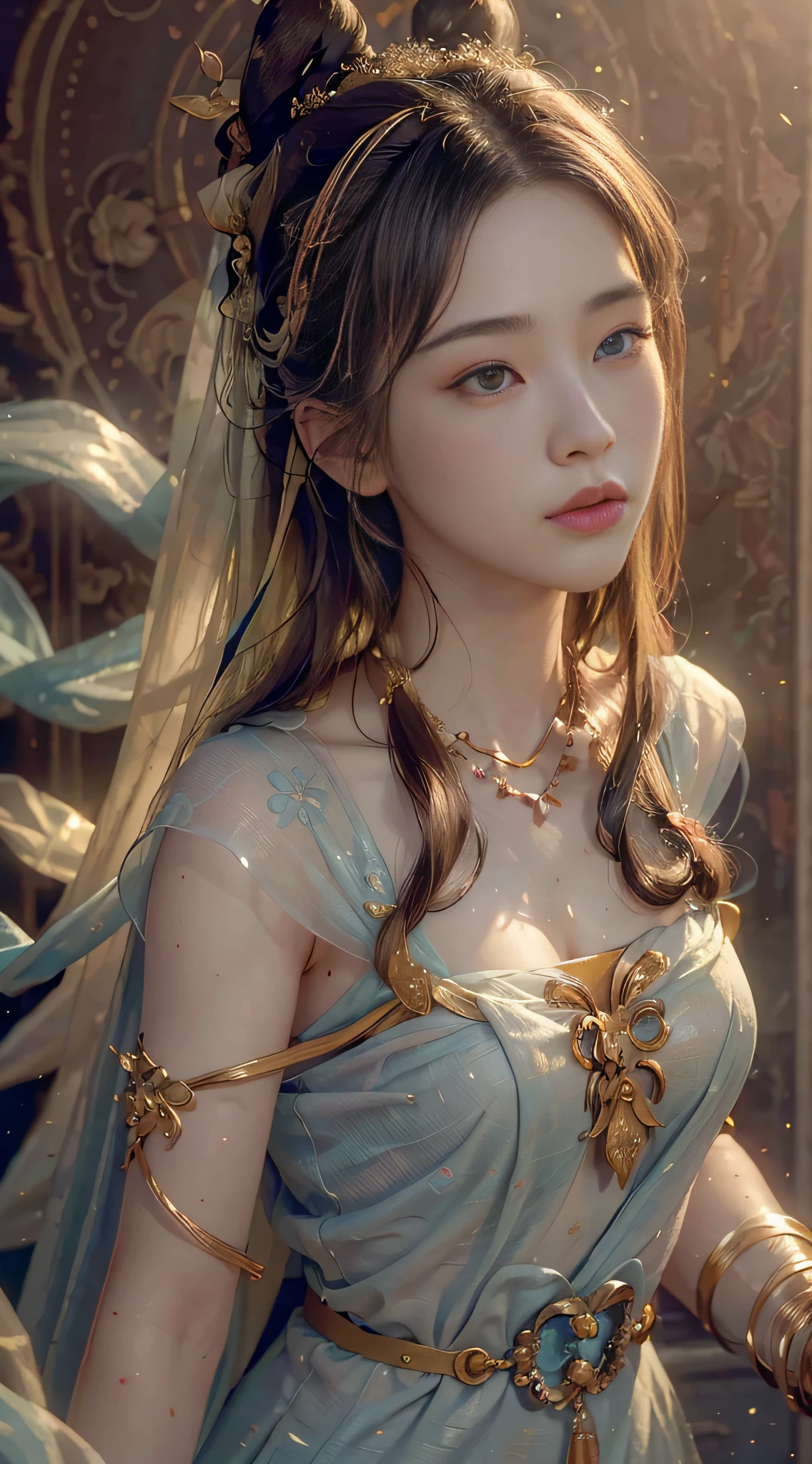 (RAW photo, best quality), (realistic, photo-realistic:1.3),best quality,highly detailed,masterpiece,ultra-detailed,illustration,1girl,upper_body,dynamic angle,world masterpiece theater,messy_long_hair,best quality,extremely detailed CG unity 8k wallpaper,ink,Amazing,cinematic lighting,lens_flare,,dunhuang_style