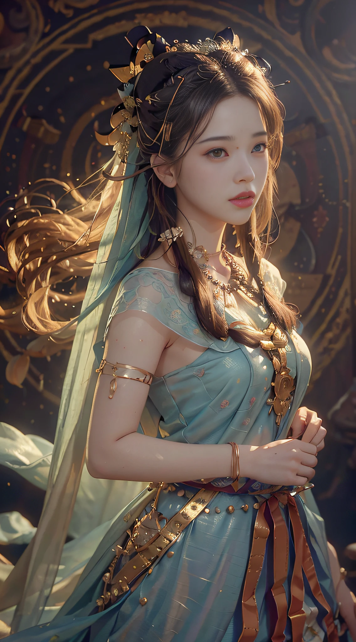(RAW photo, best quality), (realistic, photo-realistic:1.3),best quality,highly detailed,masterpiece,ultra-detailed,illustration,1girl,upper_body,dynamic angle,world masterpiece theater,messy_long_hair,best quality,extremely detailed CG unity 8k wallpaper,ink,Amazing,cinematic lighting,lens_flare,,dunhuang_style
