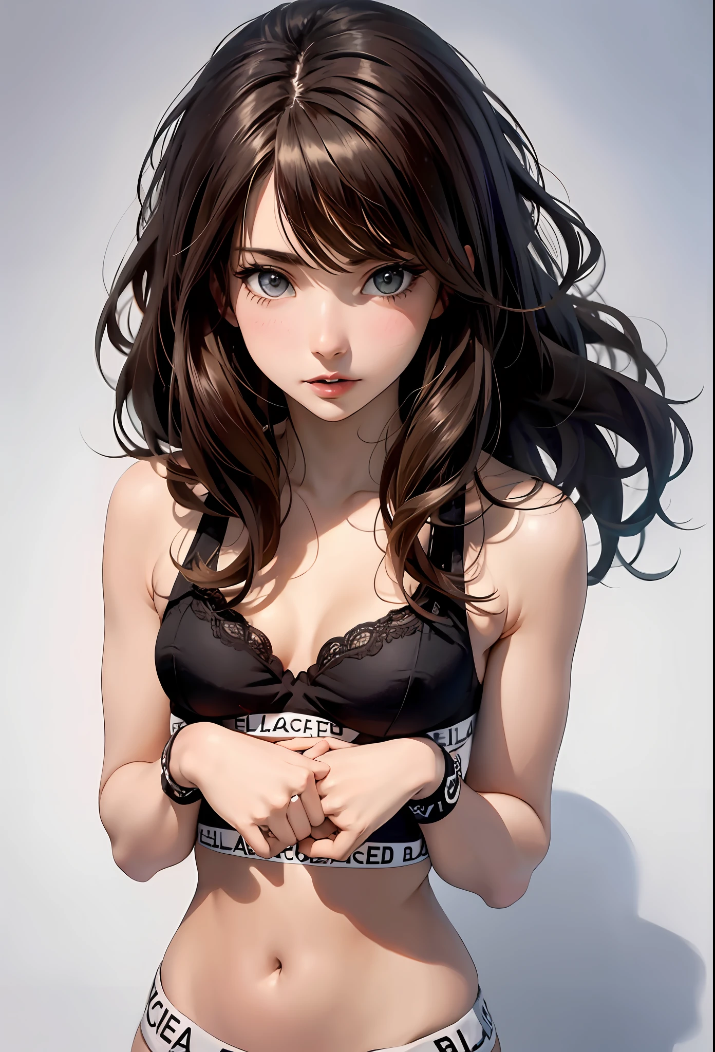 (1 girl),(masterpiece: 1.3), (beautiful: 1.2), (high quality: 1.2), (finely detailed: 1.2), (beautiful eyes: 1.5), portrait, realistic, 3D face, (bright eyes: 1.1), shiny hair, shiny skin, alone, embarrassed, abdomen, brown hair, black eyes, blush, (lingerie: 1.3), sports bra, blacked, full body, excellent anatomy,cute pose,cute hands
