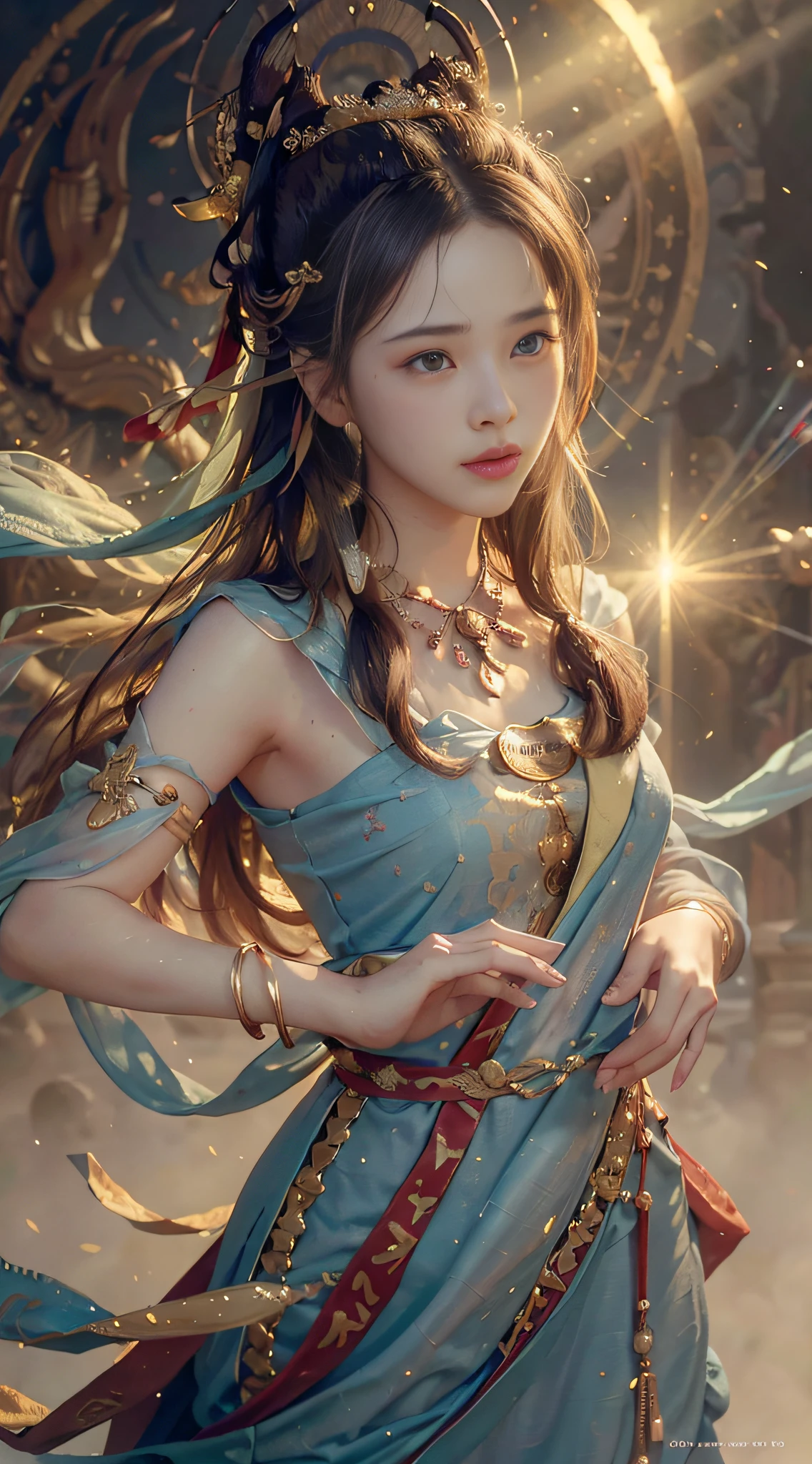 (RAW photo, best quality), (realistic, photo-realistic:1.3),best quality,highly detailed,masterpiece,ultra-detailed,illustration,1girl,upper_body,dynamic angle,world masterpiece theater,messy_long_hair,best quality,extremely detailed CG unity 8k wallpaper,ink,Amazing,cinematic lighting,lens_flare,,dunhuang_style