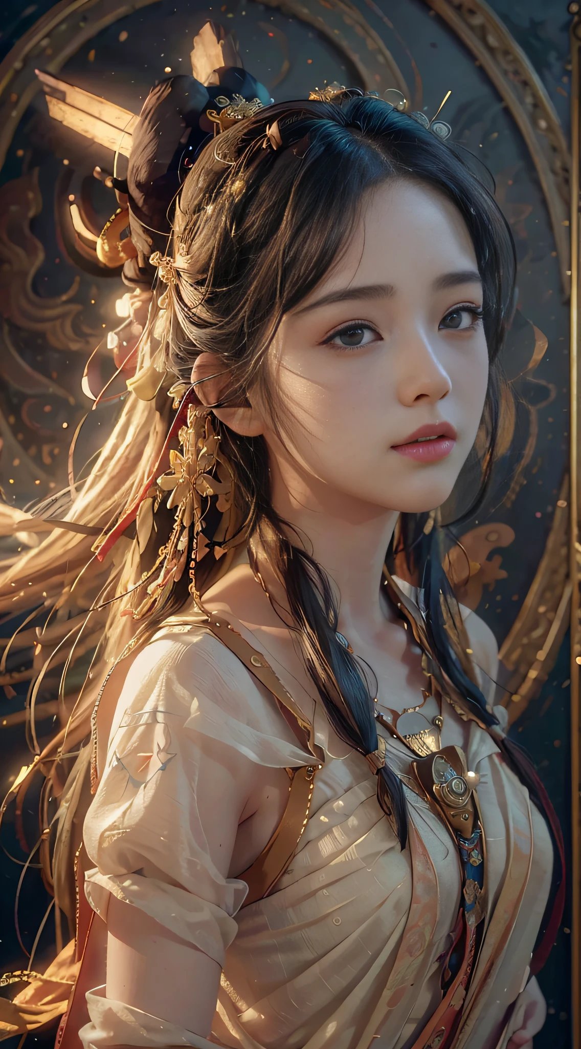 (RAW photo, best quality), (realistic, photo-realistic:1.3),best quality,highly detailed,masterpiece,ultra-detailed,illustration,1girl,upper_body,dynamic angle,world masterpiece theater,messy_long_hair,best quality,extremely detailed CG unity 8k wallpaper,ink,Amazing,cinematic lighting,lens_flare,,dunhuang_style