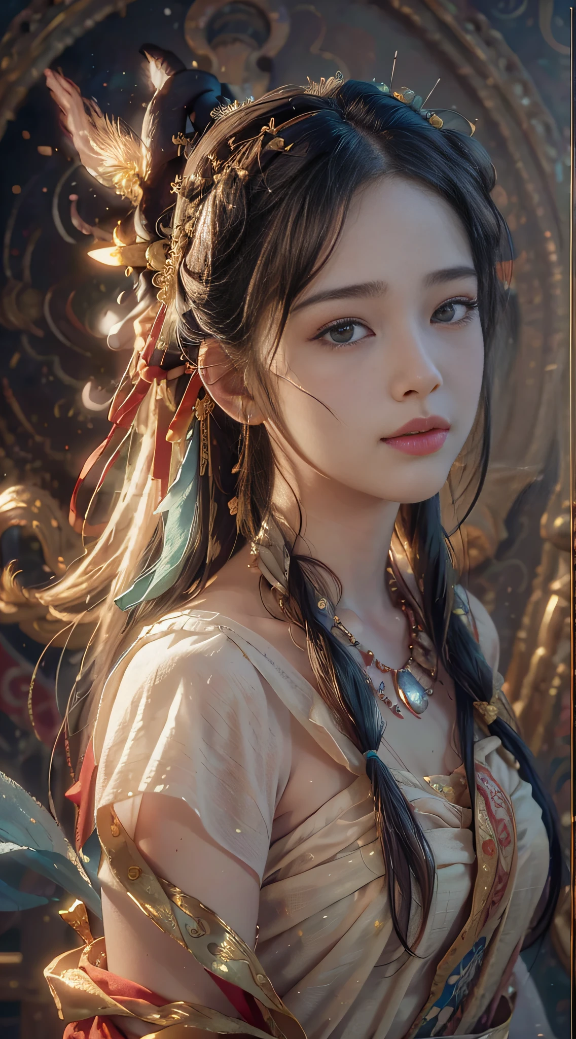 (RAW photo, best quality), (realistic, photo-realistic:1.3),best quality,highly detailed,masterpiece,ultra-detailed,illustration,1girl,upper_body,dynamic angle,world masterpiece theater,messy_long_hair,best quality,extremely detailed CG unity 8k wallpaper,ink,Amazing,cinematic lighting,lens_flare,,dunhuang_style