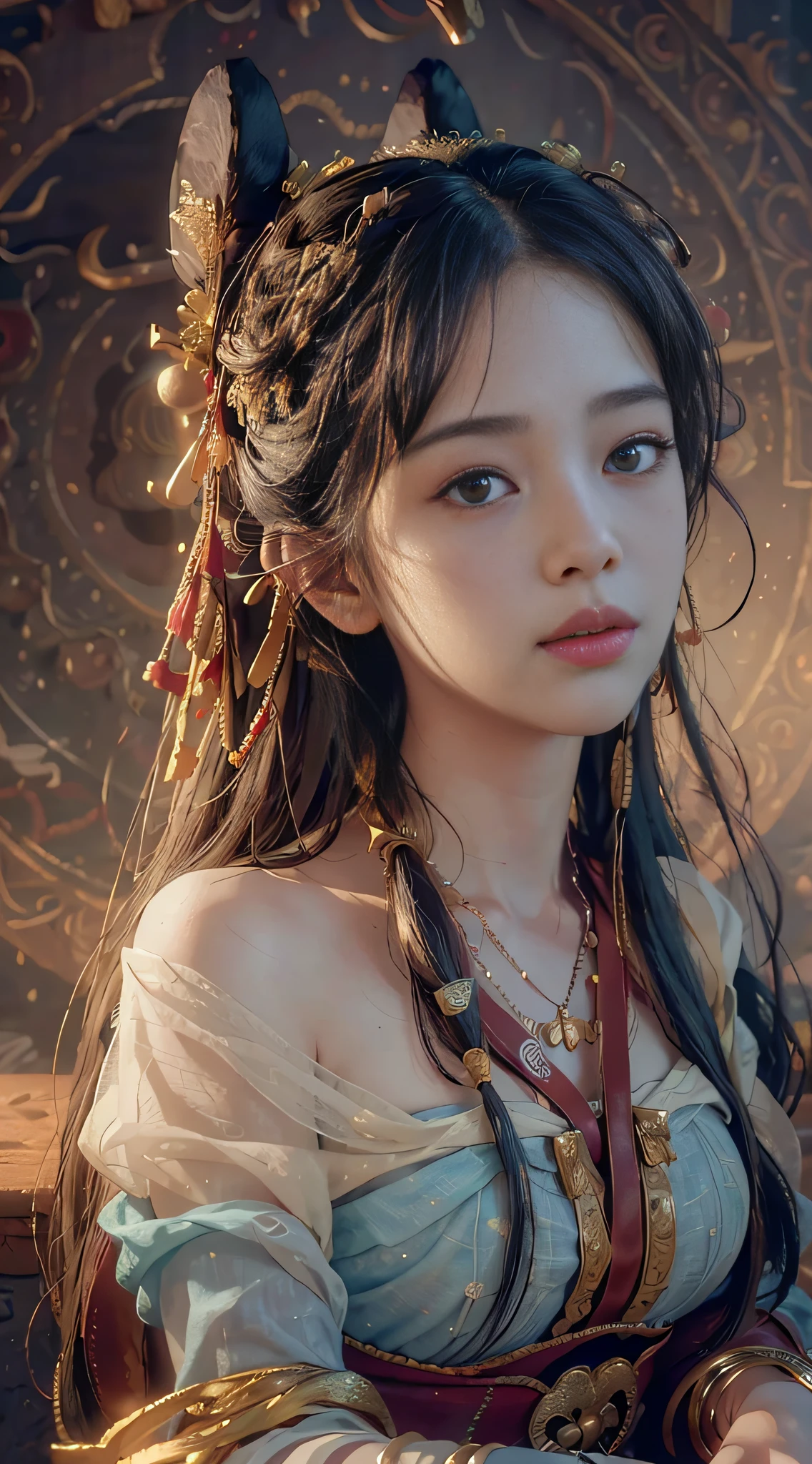 (RAW photo, best quality), (realistic, photo-realistic:1.3),best quality,highly detailed,masterpiece,ultra-detailed,illustration,1girl,upper_body,dynamic angle,world masterpiece theater,messy_long_hair,best quality,extremely detailed CG unity 8k wallpaper,ink,Amazing,cinematic lighting,lens_flare,,dunhuang_style