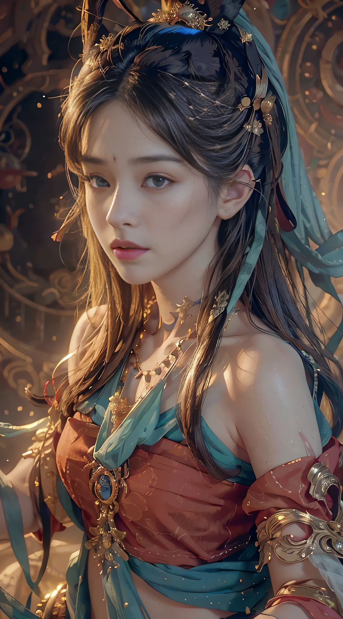 (RAW photo, best quality), (realistic, photo-realistic:1.3),best quality,highly detailed,masterpiece,ultra-detailed,illustration,1girl,upper_body,dynamic angle,world masterpiece theater,messy_long_hair,best quality,extremely detailed CG unity 8k wallpaper,ink,Amazing,cinematic lighting,lens_flare,,dunhuang_style