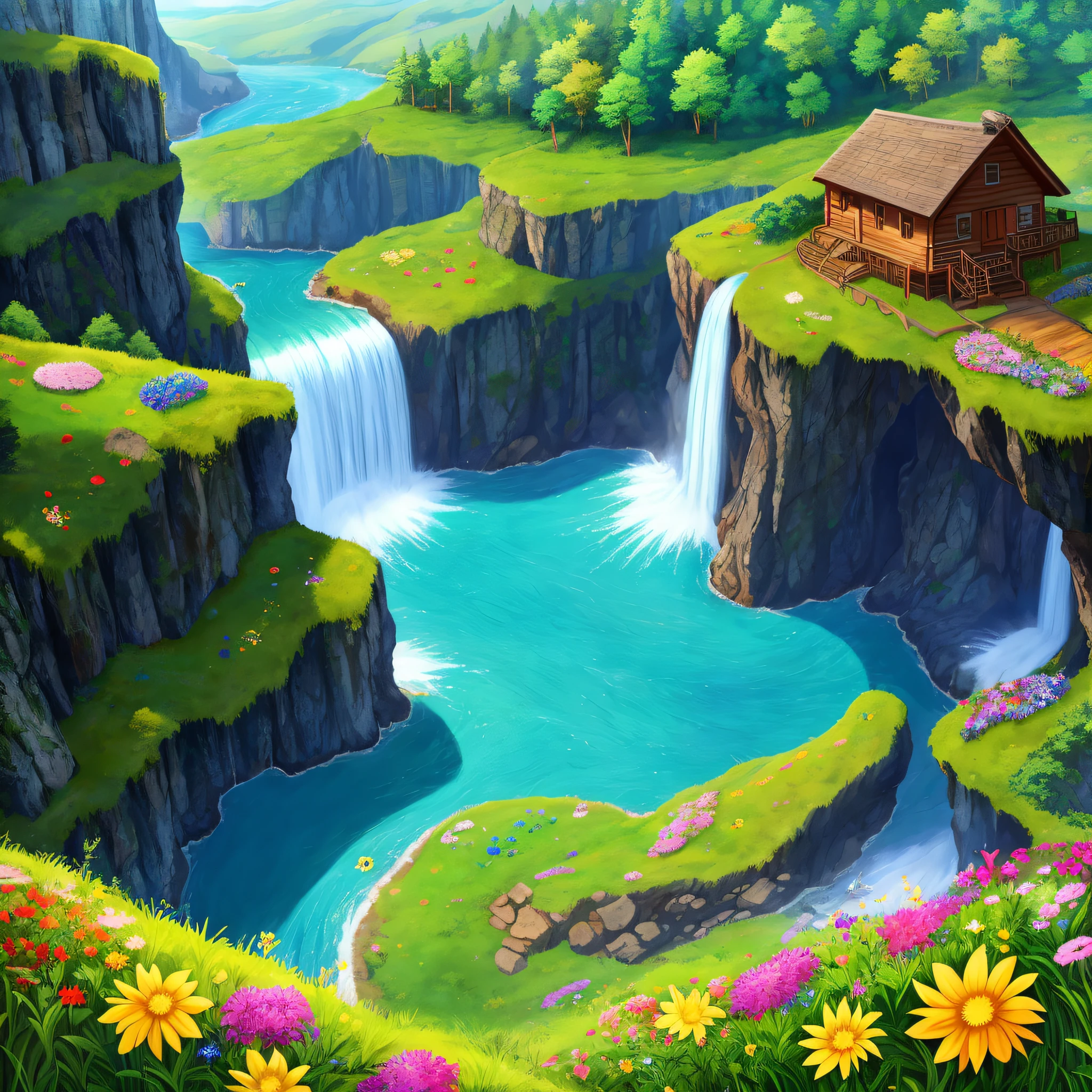 4k, high resolution, cliffs, a cabin, waterfalls, woods, meadows, flowers, Unreal Engine, Miyazaki style