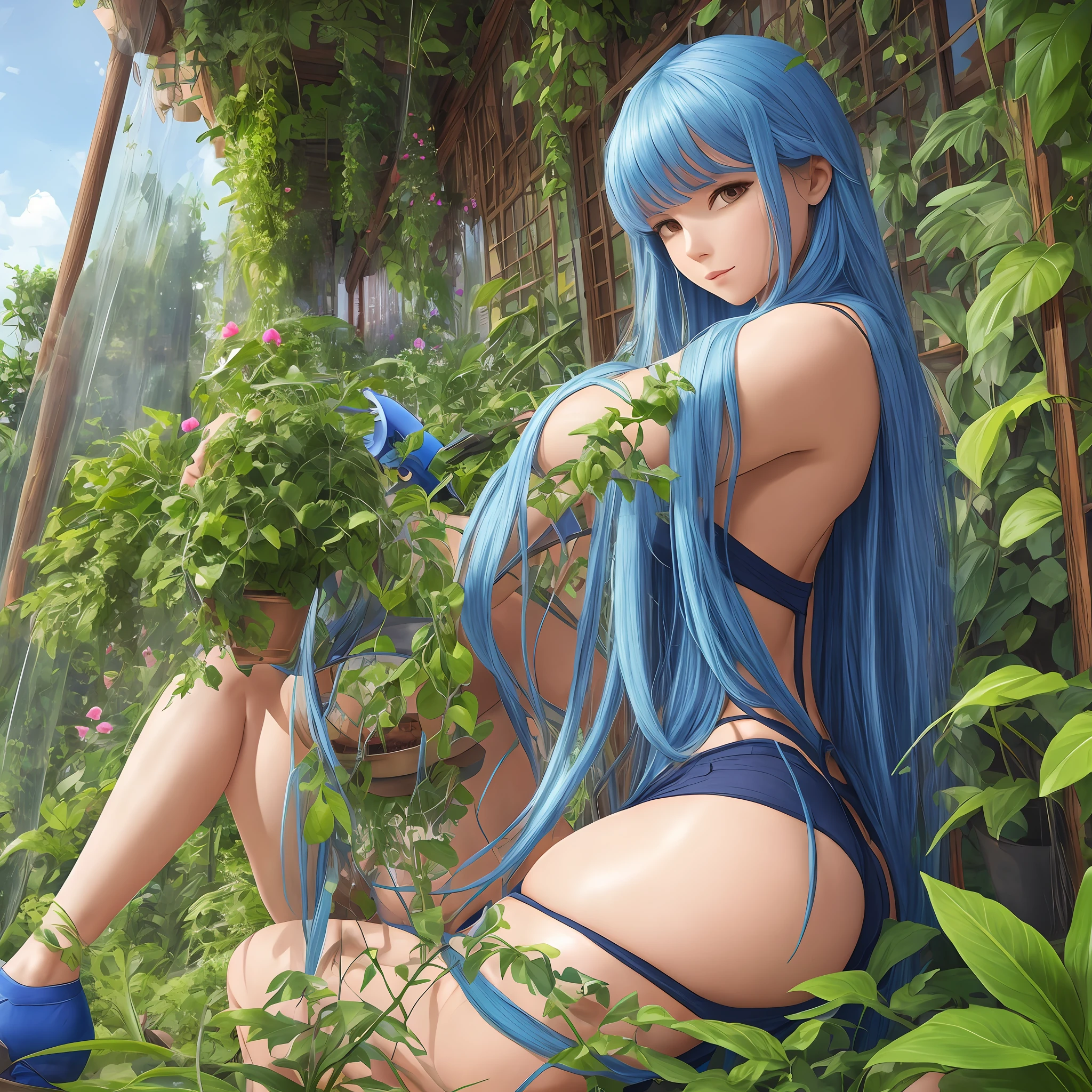 Gardener woman, raw clothes, watering plants, long blue hair, thanks legs, big ass facing the spectator, masterpiece, maximum quality --auto --s2
