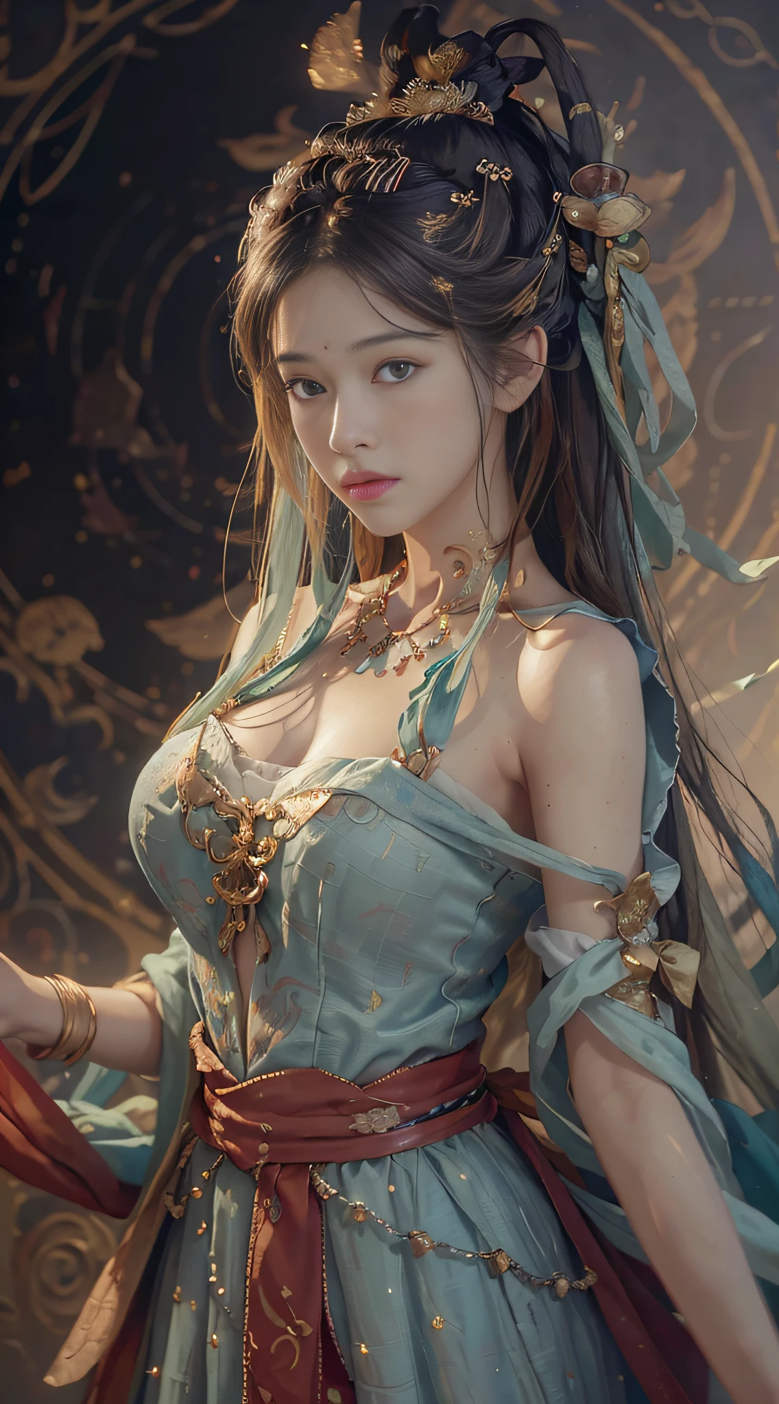 (RAW photo, best quality), (realistic, photo-realistic:1.3),best quality,highly detailed,masterpiece,ultra-detailed,illustration,1girl,upper_body,dynamic angle,world masterpiece theater,messy_long_hair,best quality,extremely detailed CG unity 8k wallpaper,ink,Amazing,cinematic lighting,lens_flare,,dunhuang_style