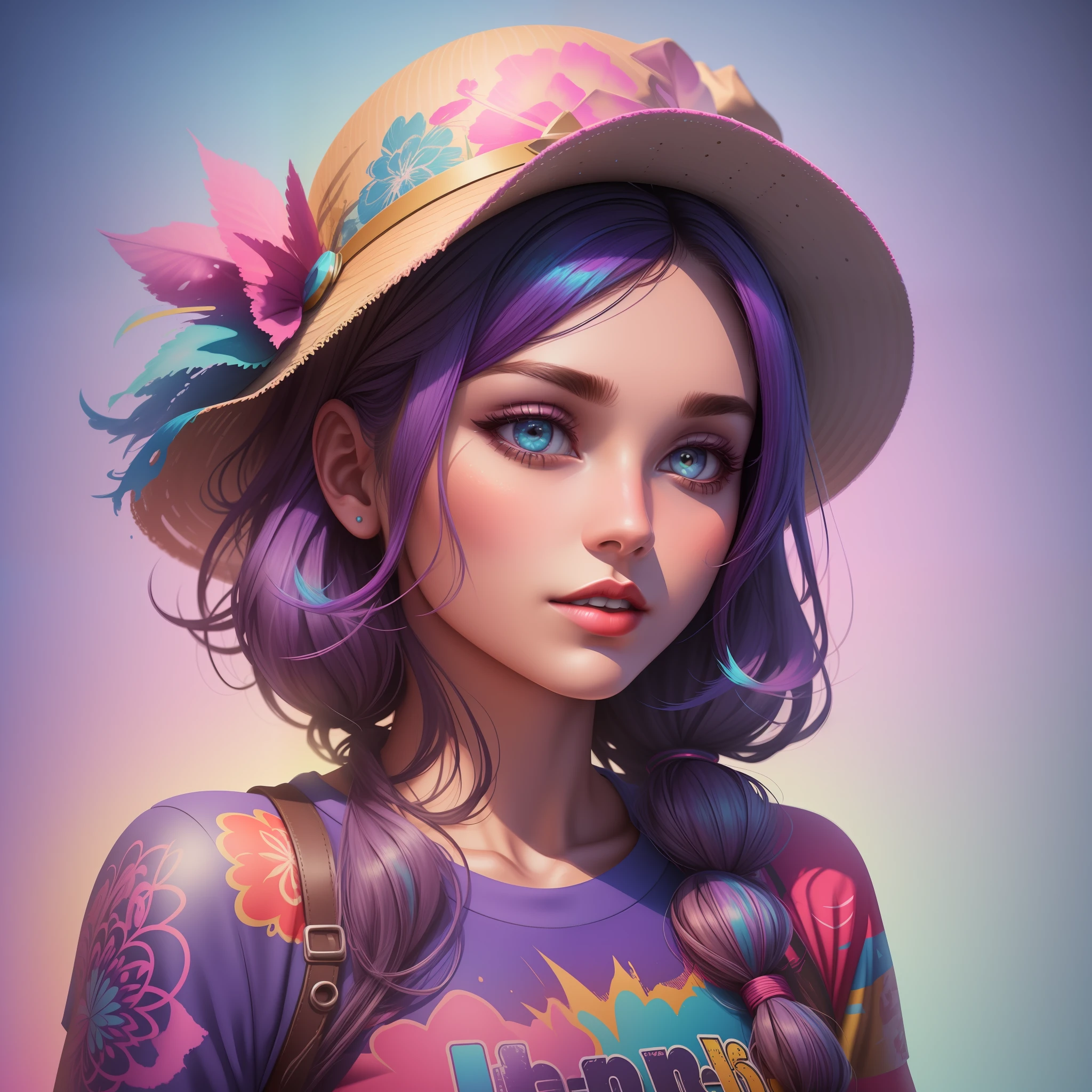 A detailed illustration of a beautiful girl, wearing a hat, the girl have tattoos in the arms, psychedelic artsyle, t-shirt design, splatter artstyle, pastel tetradic colors, 3D vector art, fantasy art, watercolor effect, Adobe Illustrator, hand-drawn, digital painting, low-poly, soft lighting, isometric style, retro aesthetic focused on the character, 4K resolution, photorealistic rendering, using Cinema 4D