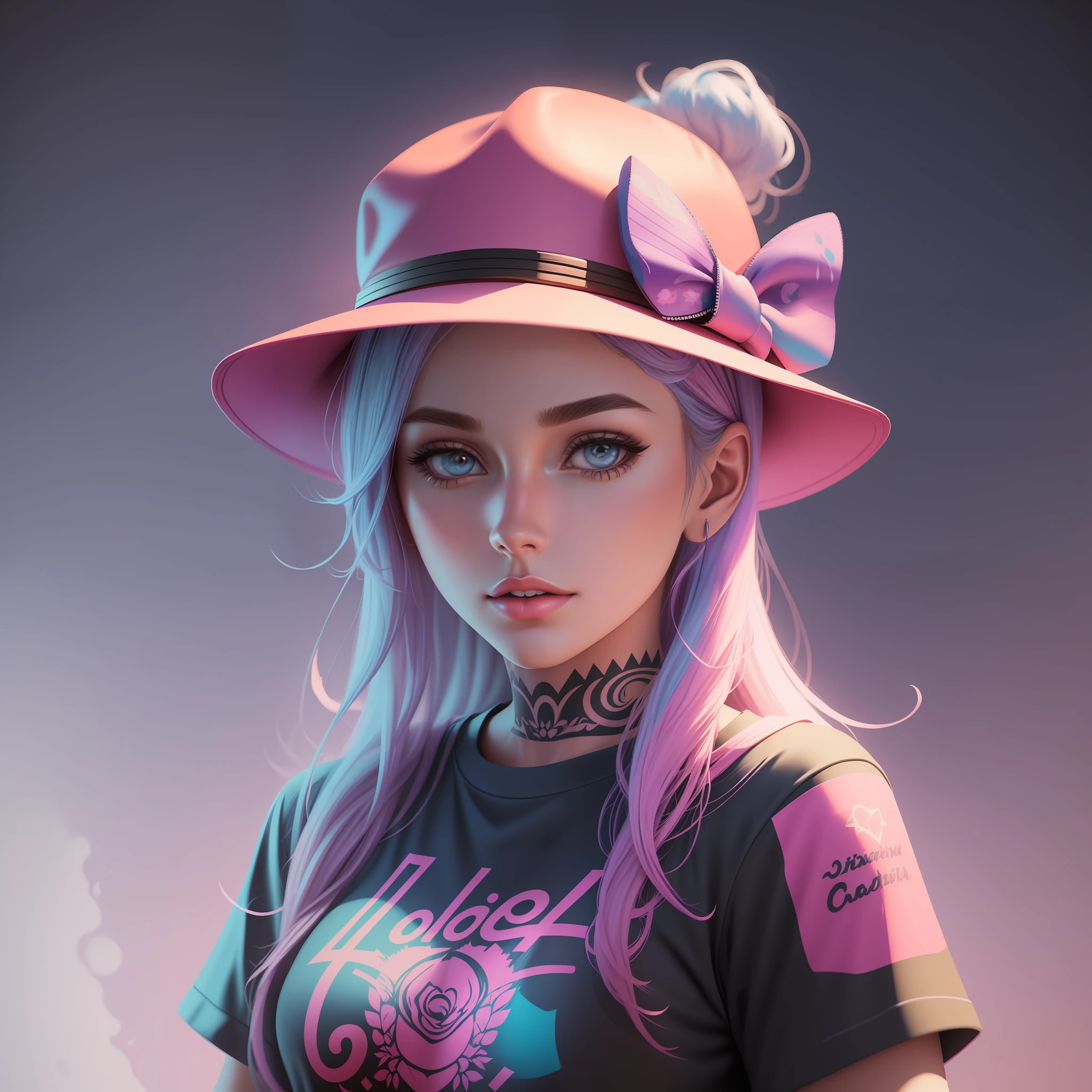 A detailed illustration of a beautiful girl, wearing a hat, the girl have tattoos in the arms, psychedelic artsyle, t-shirt design, splatter artstyle, pastel tetradic colors, 3D vector art, fantasy art, watercolor effect, Adobe Illustrator, hand-drawn, digital painting, low-poly, soft lighting, isometric style, retro aesthetic focused on the character, 4K resolution, photorealistic rendering, using Cinema 4D