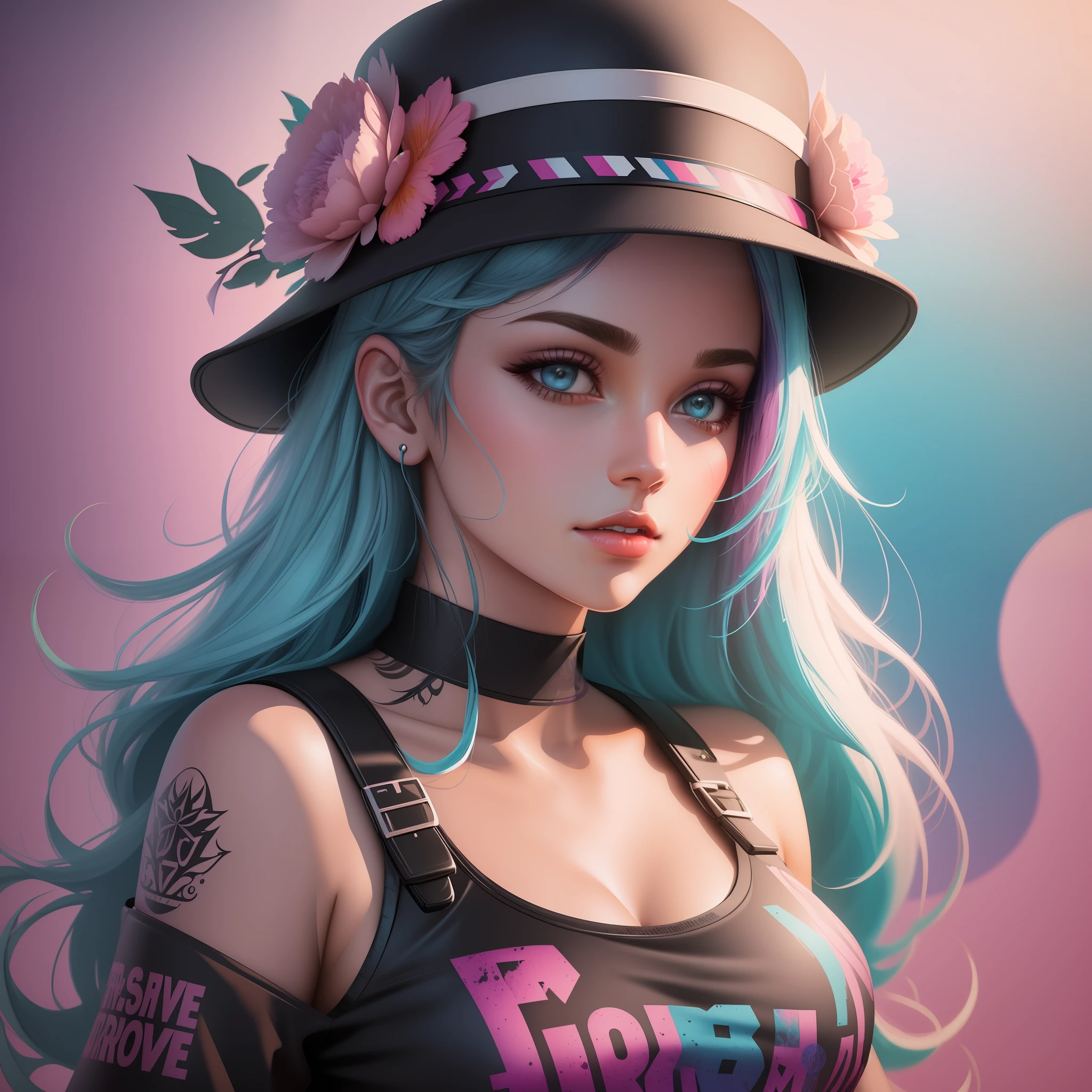 A detailed illustration of a beautiful girl, wearing a hat, the girl have tattoos in the arms, psychedelic artsyle, t-shirt design, splatter artstyle, pastel tetradic colors, 3D vector art, fantasy art, watercolor effect, Adobe Illustrator, hand-drawn, digital painting, low-poly, soft lighting, isometric style, retro aesthetic focused on the character, 4K resolution, photorealistic rendering, using Cinema 4D
