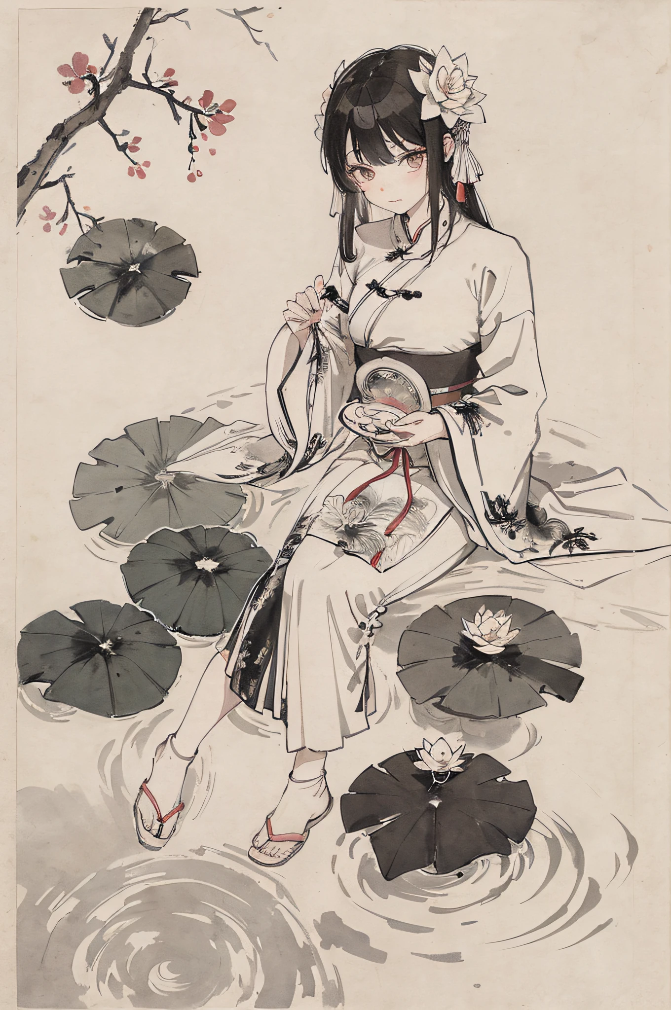 (Masterpiece, best quality: 1.2), traditional Chinese ink painting, ancient Chinese beauty, wearing ancient Chinese clothing, flowing tulle, light silk, lazy pose, large lotus leaves, lotus flowers, ink painting style, clean colors, decisive cut, white space, freehand, masterpiece, super detailed, epic composition, high quality, highest quality, 4k --v 6