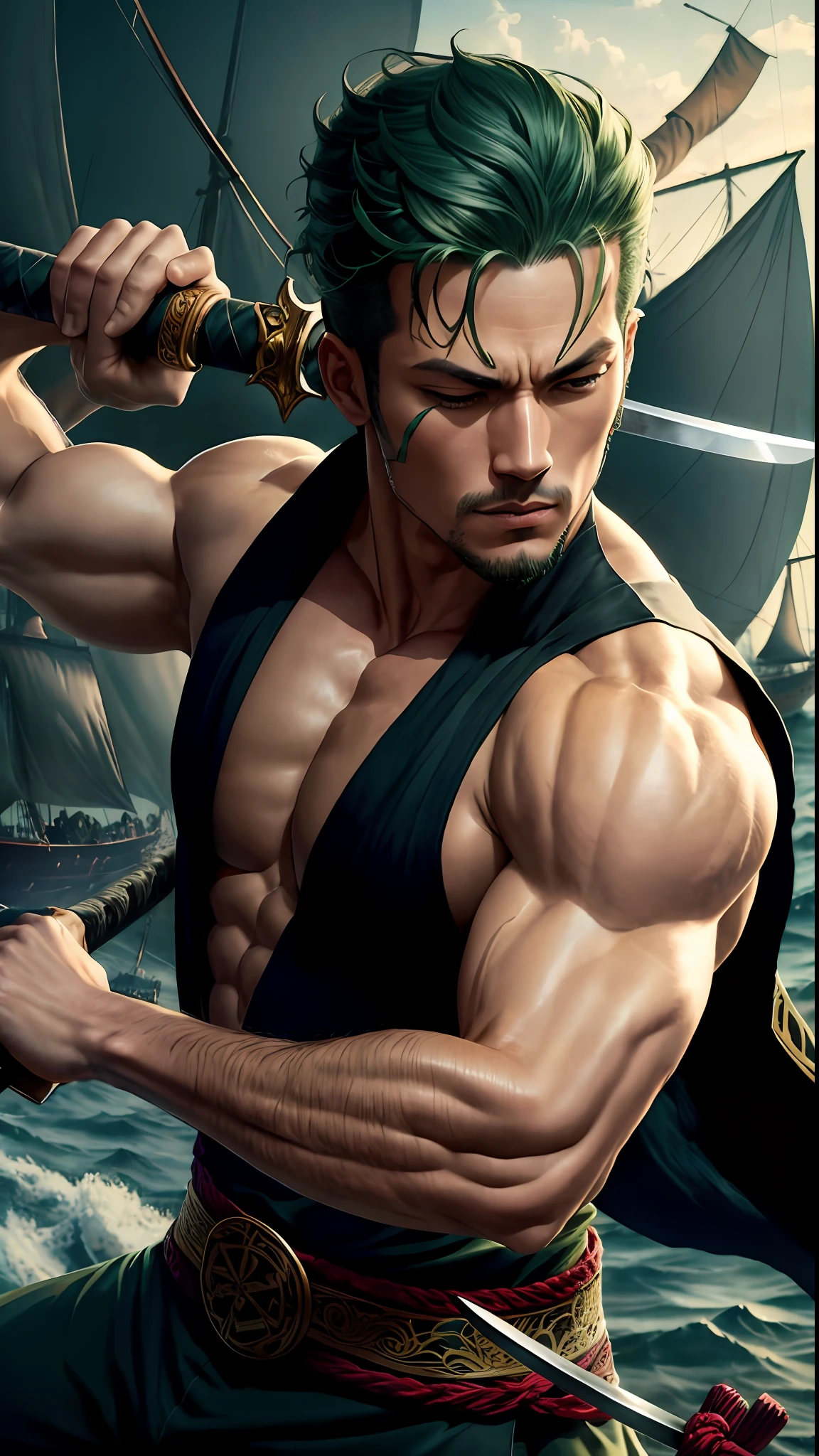 8k portrait of Roronoa Zoro bodybuilder, holding a katana, one eye closed, background a pirate ship, intricate, holding a katana, elegant, highly detailed, full body, majestic, digital photography, art by artgerm and ruan jia and greg rutkowski, green hair, green eyes, (detailed eyes) broken glass (masterpiece, side lighting, beautiful finely detailed eyes: 1.2 ), hdr,