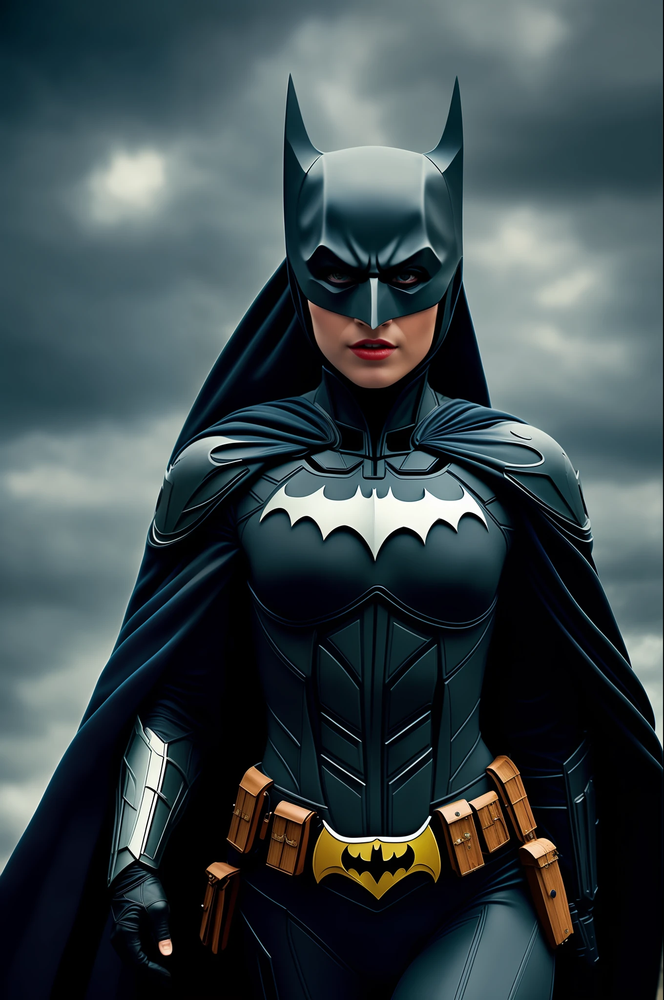 masterpiece, best quality, illustration, {beautiful woman with detailed Batman cosplay}, gorgeous detailed brilliance. Night. Cloudy. Dark. Gloomy weather. Little contrast. Film photography. Realism. Realistic art