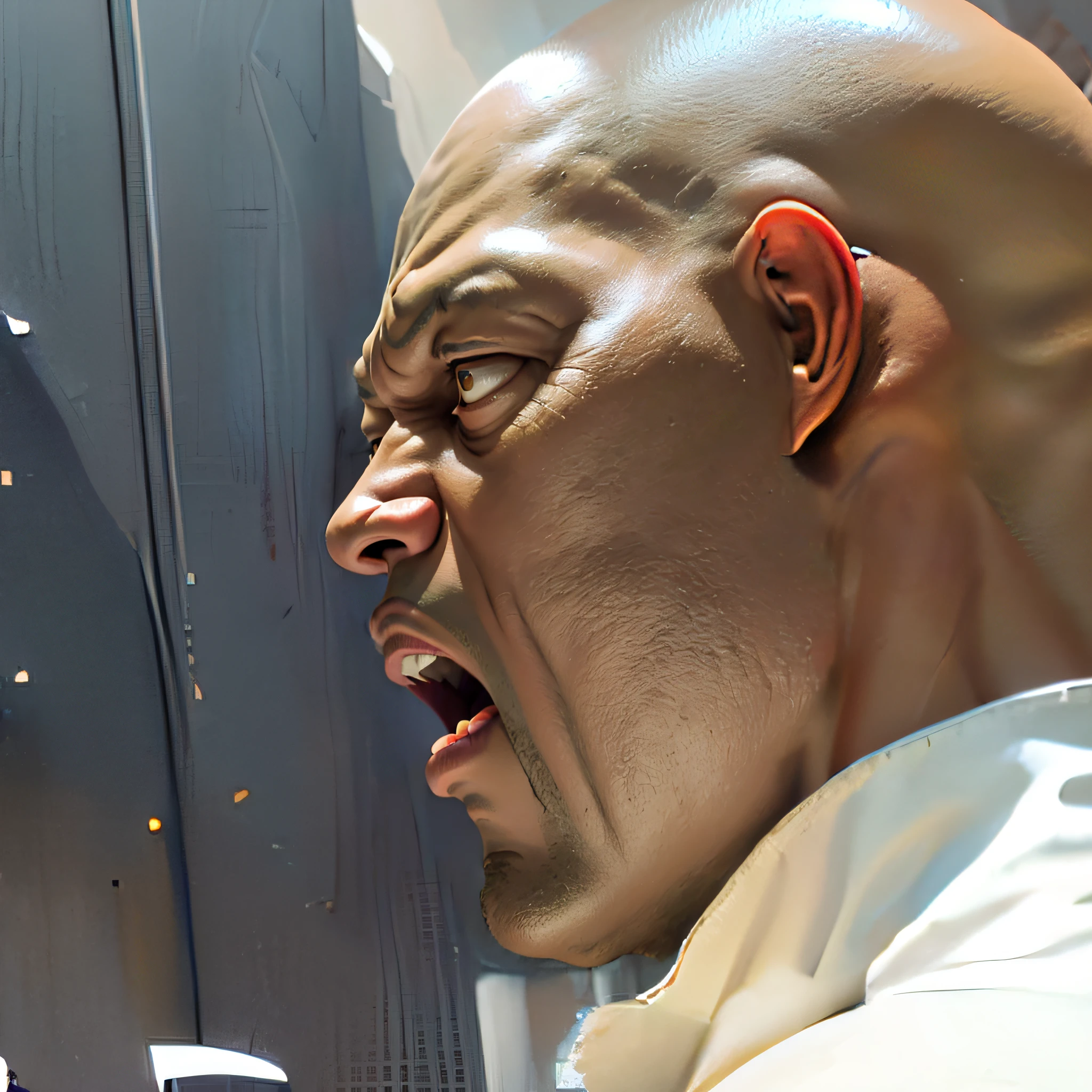furious (((laurence fishburne))), ((morpheus from matrix face)), (((black man))), (((dark skin))), the matrix (1999), 80mm, ((western animation)), (morpheus the matrix (1999)) screaming, (bald), (((laurence fishburne))), angry, black bald man