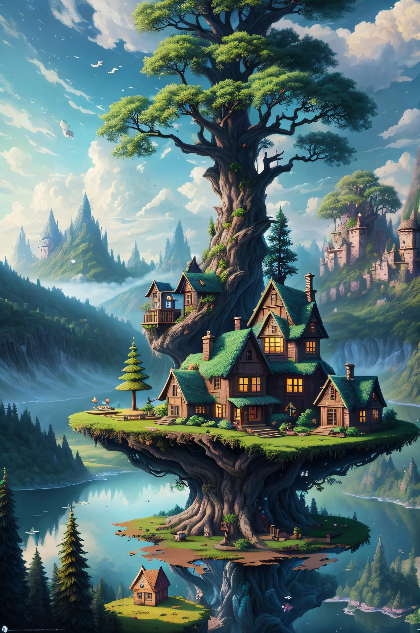 painting of a house on a floating island with a tree in the middle, made of tree and fantasy valley, 4k highly detailed digital art, fantasy matte painting，cute, 4k fantasy art, 4k detailed digital art, beautiful render of a fairytale, tree town, whimsical fantasy landscape art, detailed fantasy digital art, 4 k detail fantasy, 8k fantasy art