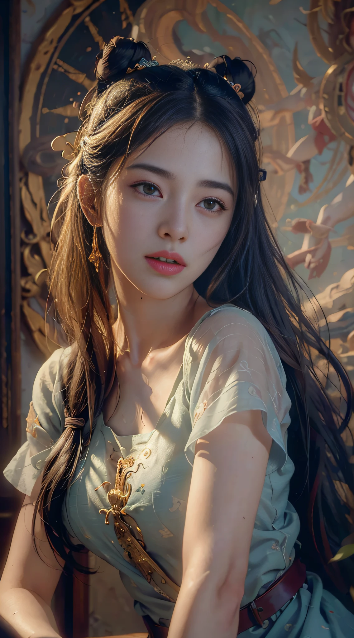 (RAW photo, best quality), (realistic, photo-realistic:1.3),best quality,highly detailed,masterpiece,ultra-detailed,illustration,1girl,upper_body,dynamic angle,world masterpiece theater,messy_long_hair,best quality,extremely detailed CG unity 8k wallpaper,ink,Amazing,cinematic lighting,lens_flare,,dunhuang_style