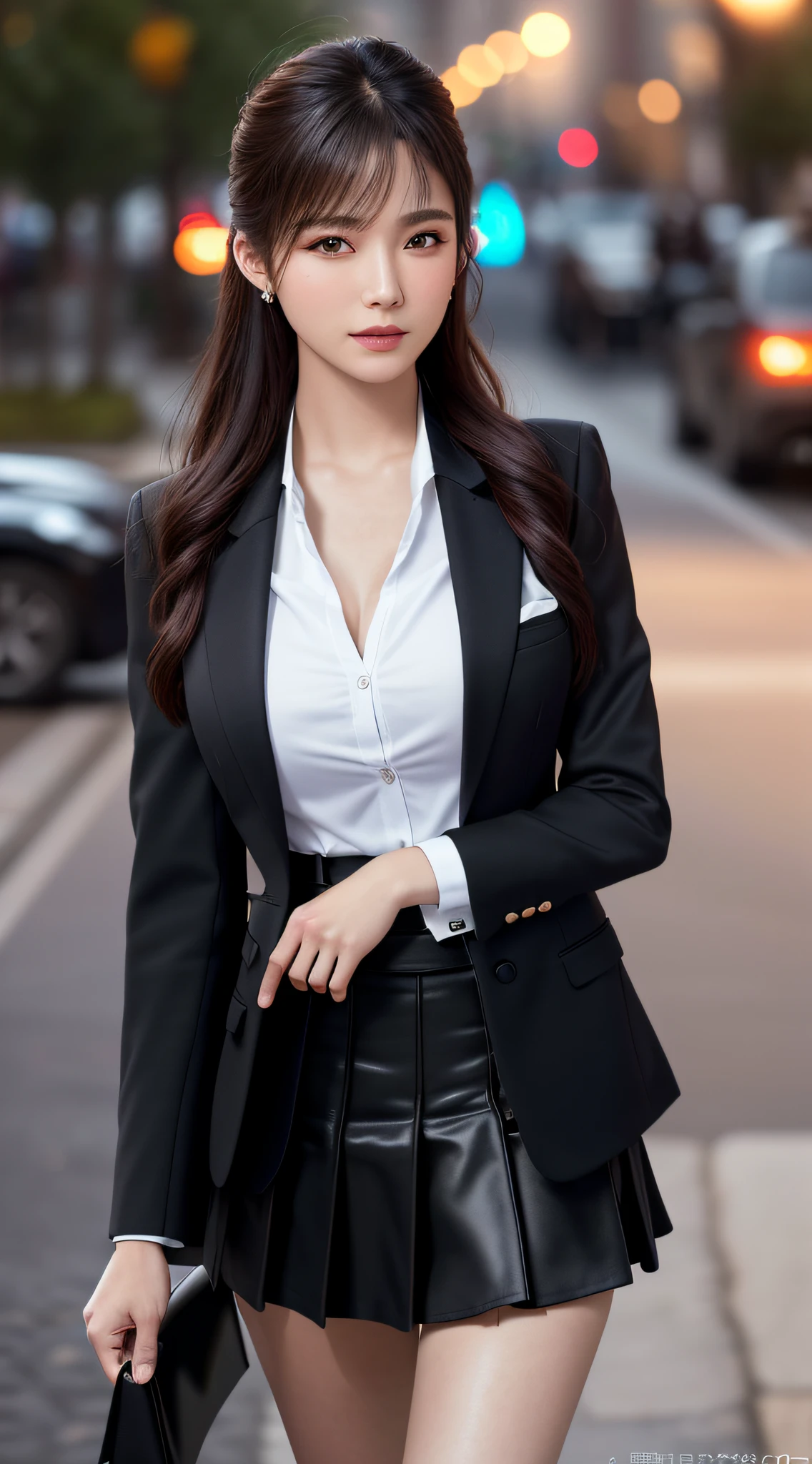 best quality, masterpiece, 1girl, Beautiful face, (photo realistic:1.3), rim lighting, (high detailed skin:1.2), 8k uhd, dslr, high quality, high resolution, 4k, 8k, Bokeh, absurdres, best ratio four finger and one thumb, (realistic:1.3), cute 1girl, wearing black formal blazer, medium breasts, short skirt,