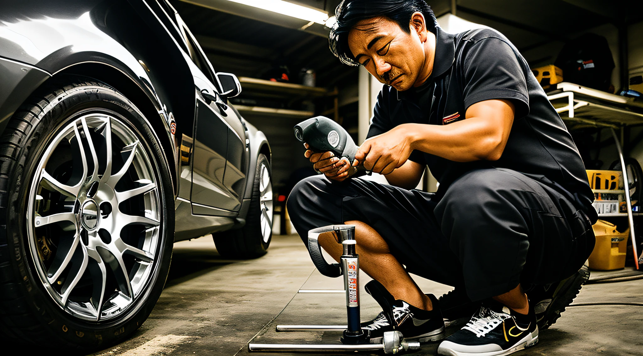 Japan man working on tires in garage, detailed alloy wheels, work wheels, black wheel rims, working wheels, craftsmanship, car photography, maintenance, details and care, aftermarket parts, award-winning masterpieces, details, mechanics, wide shots!!!!!!, midbody shots, professional work