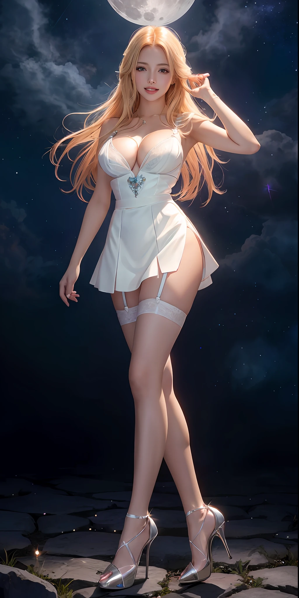 Hair red gradient blonde, teeth, night sky, beautiful detailed face, cleavage, garter belt, closed high heels, face focus, shiny skin, game CG, nearby sky, moonlight, moon, white glowing, mini dress glass magical girl beauty, lifting skirt, intricate surface details, crystal core, ethereal fantasy, realistic, fiction, full HD, 8K photo