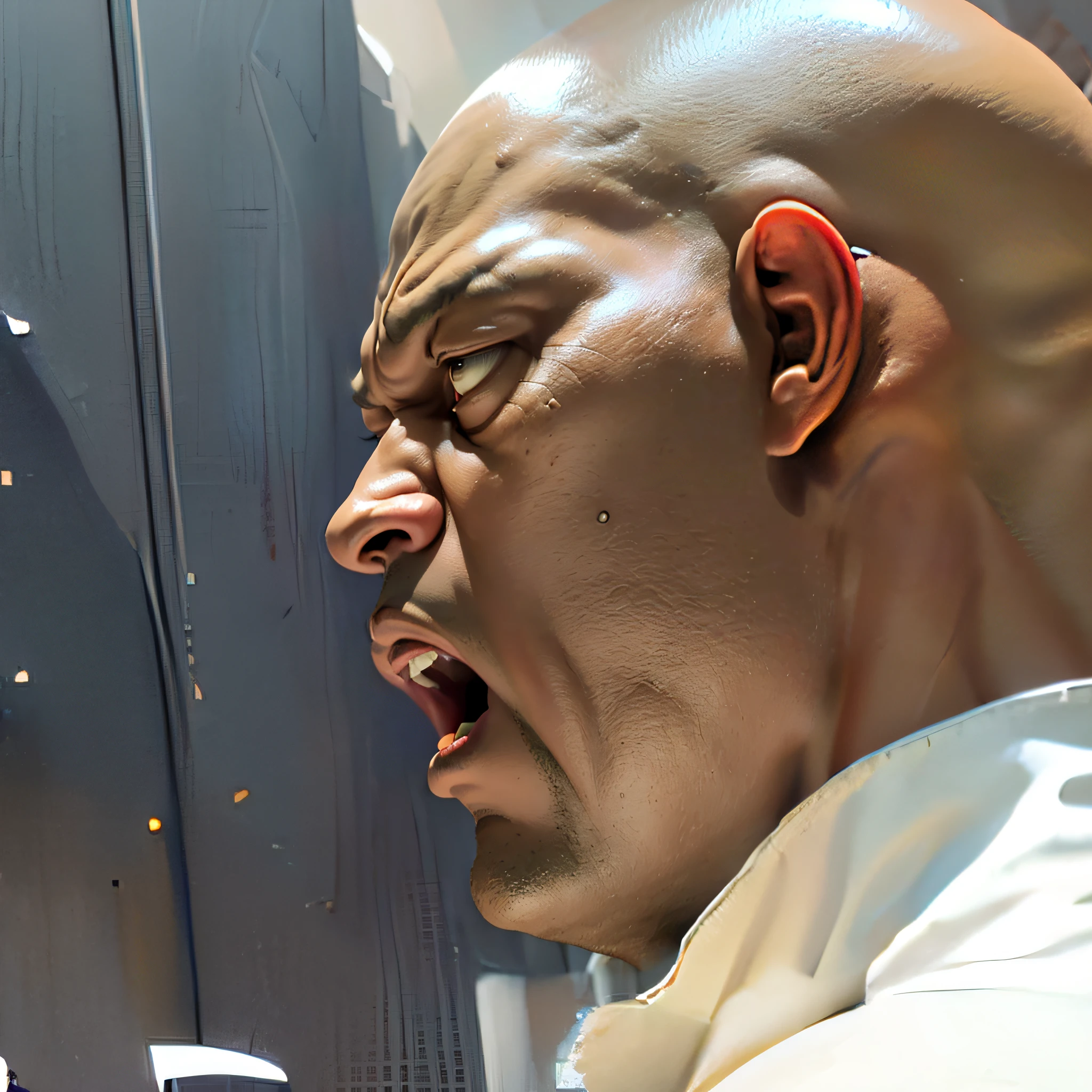 furious (((laurence fishburne))), ((morpheus from matrix face)), (((black man))), (((dark skin))), the matrix (1999), 80mm, ((western animation)), (morpheus the matrix (1999)) screaming, (bald), (((laurence fishburne))), angry, black bald man