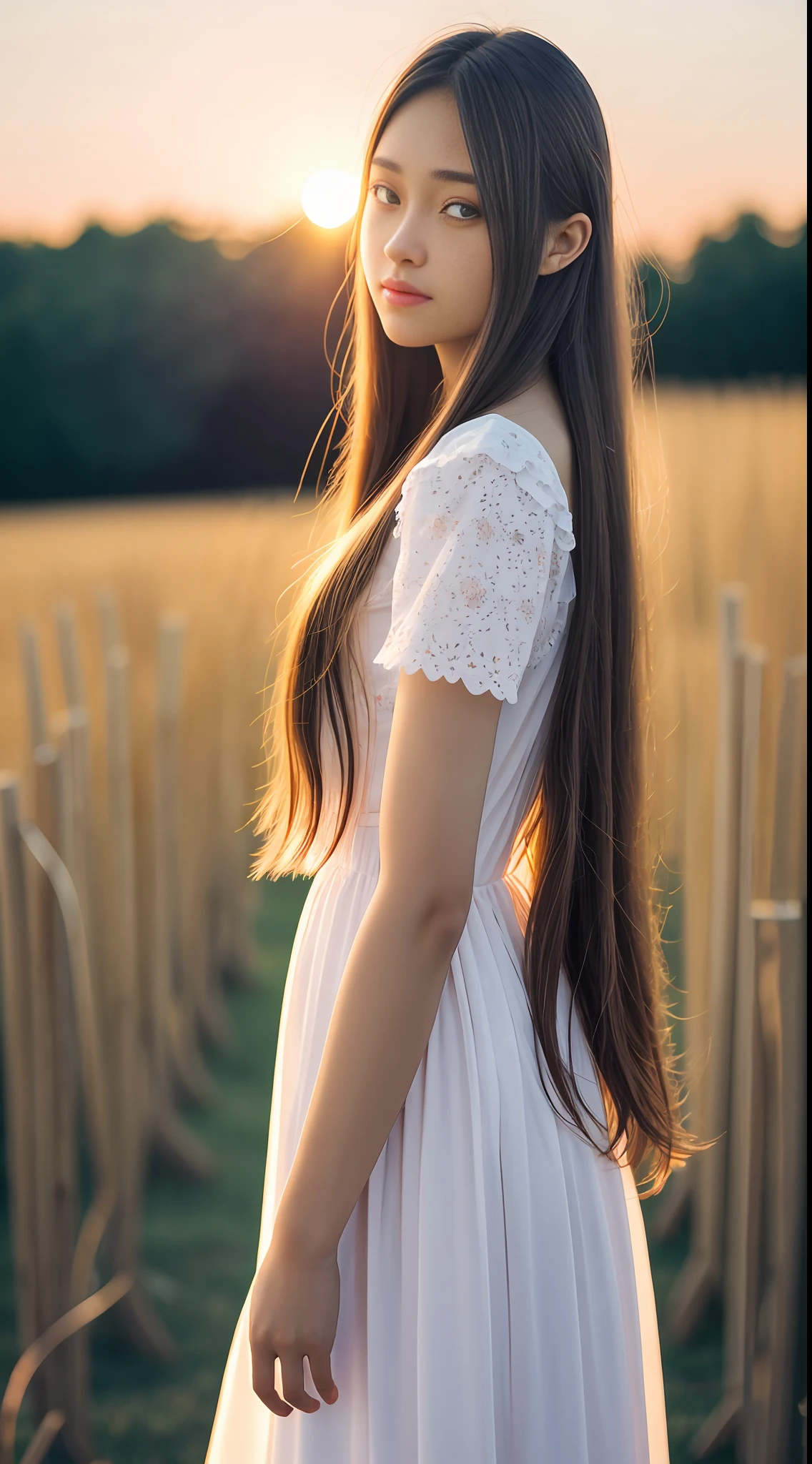 Sunset, evening glow, distant view, realistic and rich colors, gorgeous and colorful wide-angle lens, evening shooting, positive film, naturalistic style, high resolution shooting, 18 year old pretty girl standing, beautiful girl, dress with white frills. Long hair, long hair, silent expression, full body, standing figure, big chest