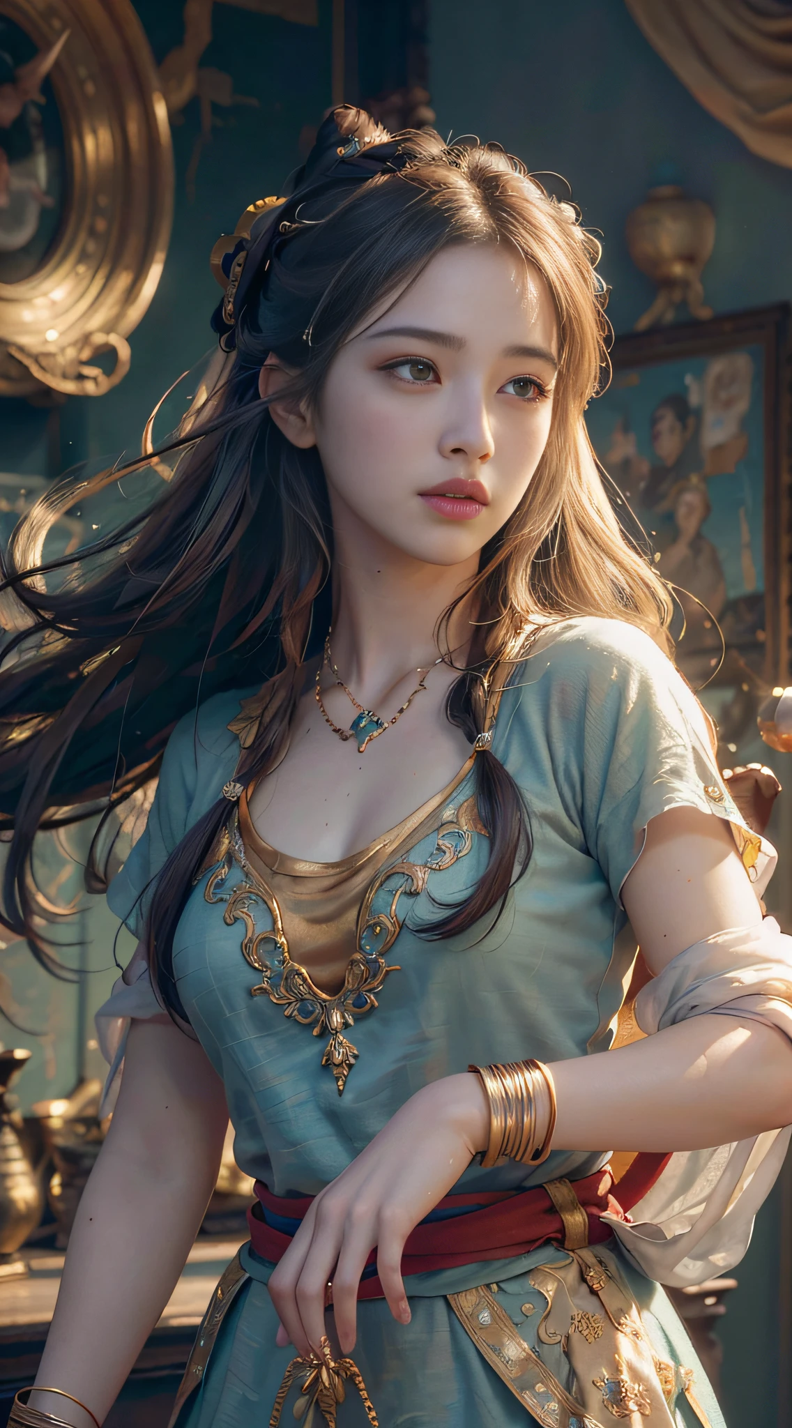 (RAW photo, best quality), (realistic, photo-realistic:1.3),best quality,highly detailed,masterpiece,ultra-detailed,illustration,1girl,upper_body,dynamic angle,world masterpiece theater,messy_long_hair,best quality,extremely detailed CG unity 8k wallpaper,ink,Amazing,cinematic lighting,lens_flare,,dunhuang_style