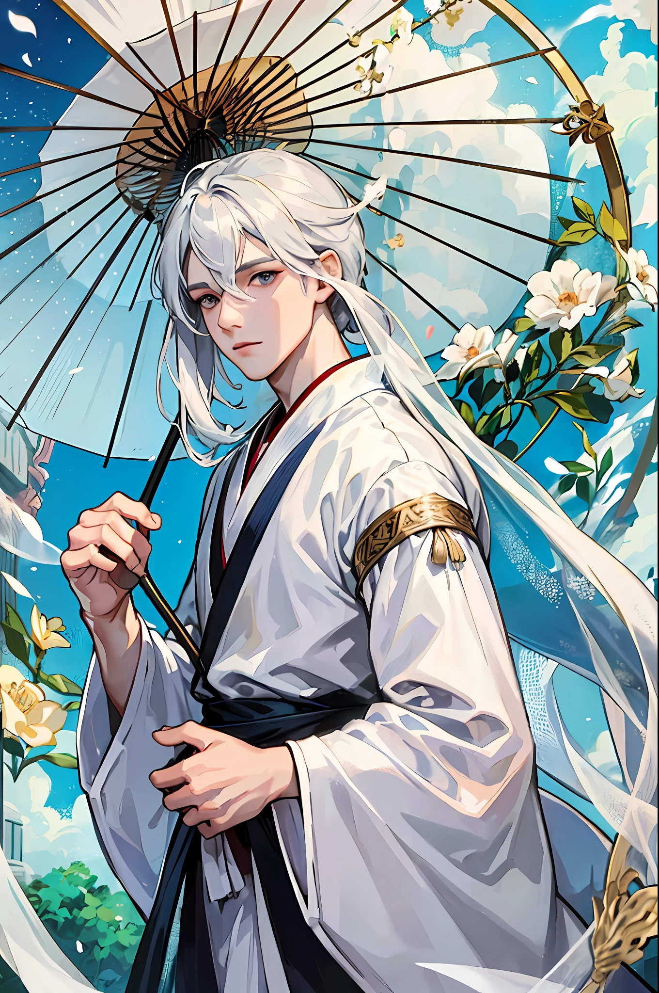 A boy, white Hanfu, long silver hair, delicate eye portrayal, handsome, fairy fluttering, holding a gorgeous umbrella, ancient style, mist, floating, wide robe with large sleeves, dynamic pose, dramatic composition, flying hair