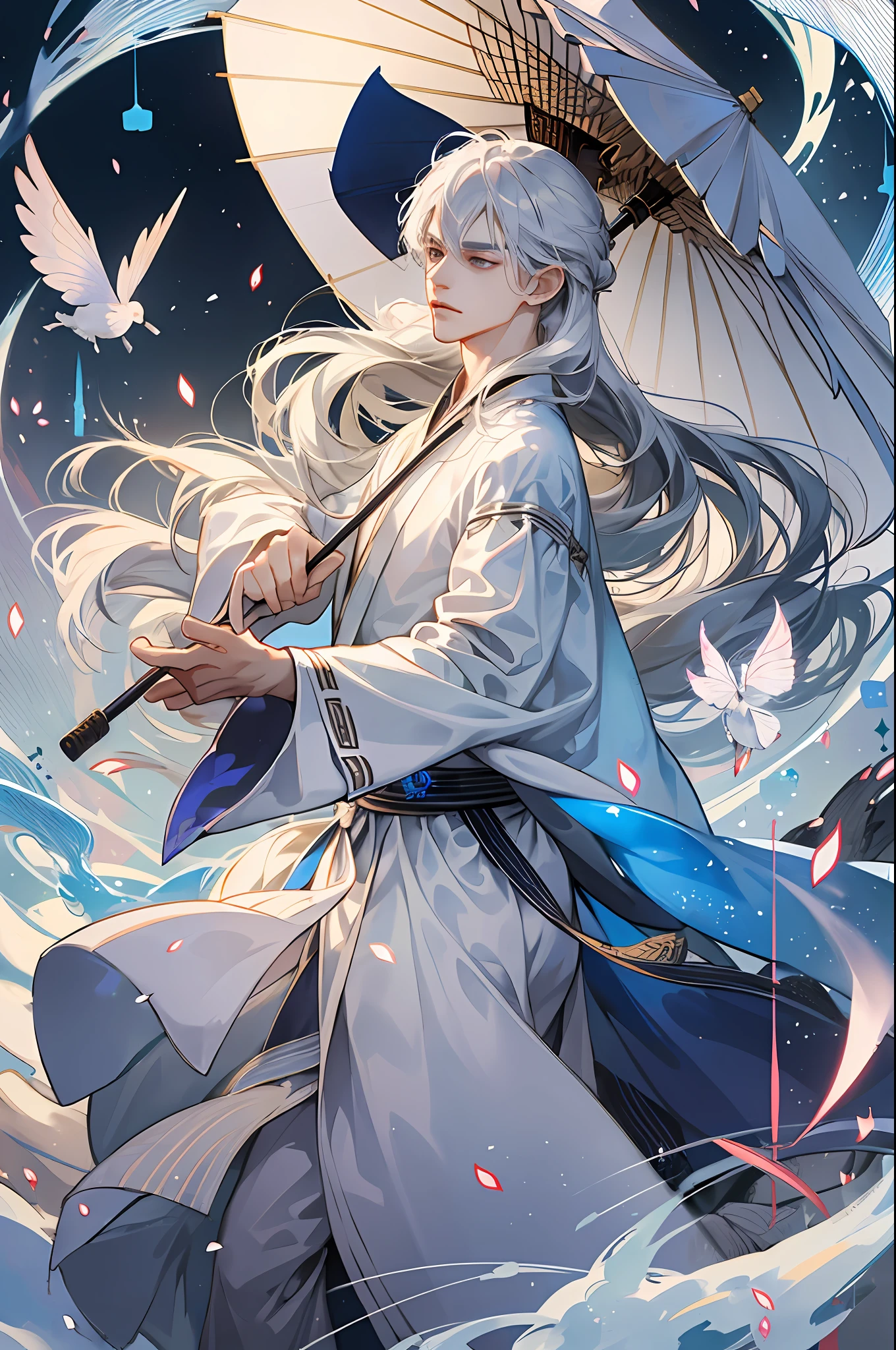 A boy, white Hanfu, long silver hair, delicate eye portrayal, handsome, fairy fluttering, holding a gorgeous umbrella, ancient style, mist, floating, wide robe with large sleeves, dynamic pose, dramatic composition, flying hair