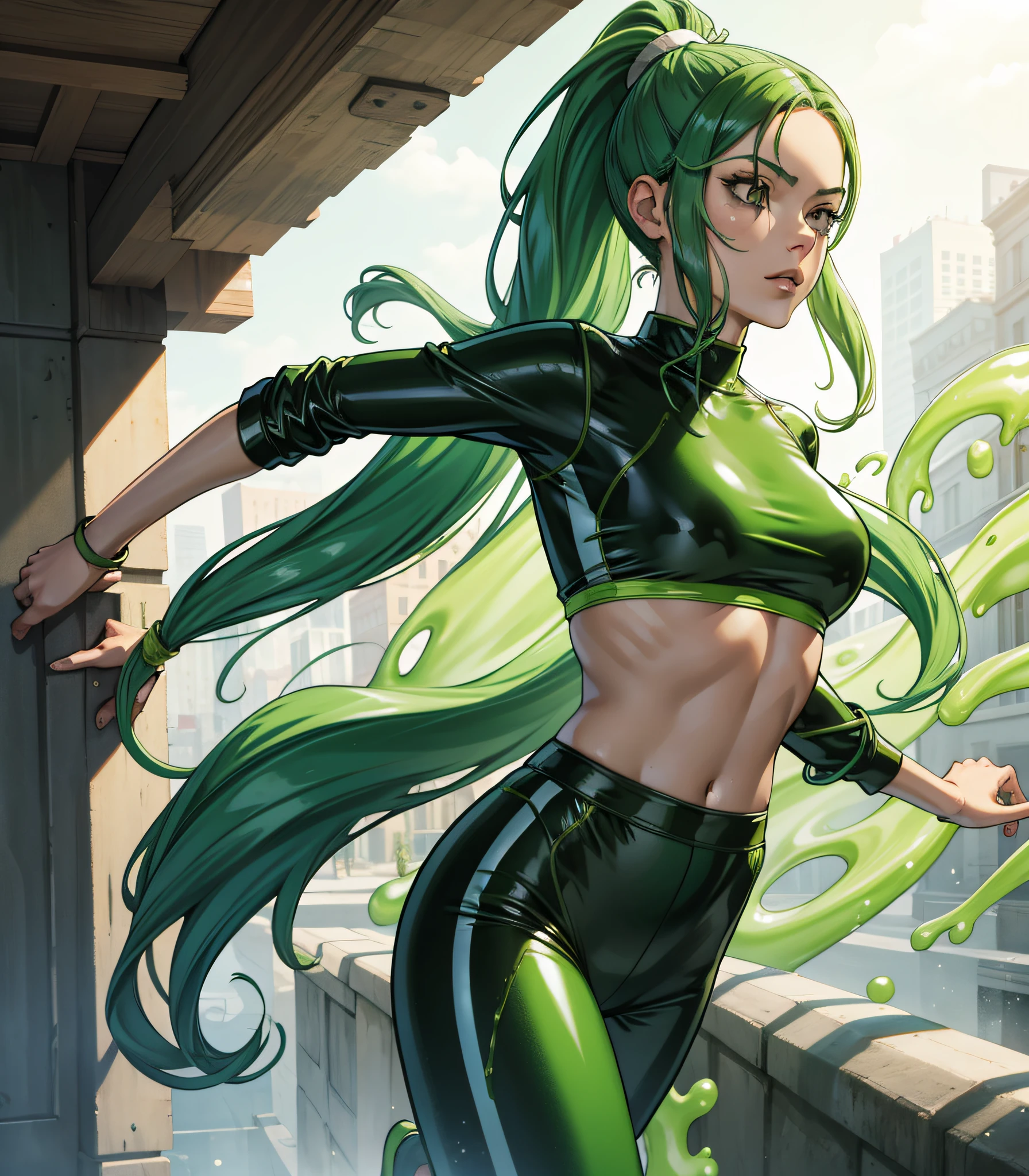 Slime girl, (slime) Slime hair Ponytail style, Paolo Veronese green, Running clothes, Masterpiece, Best Quality