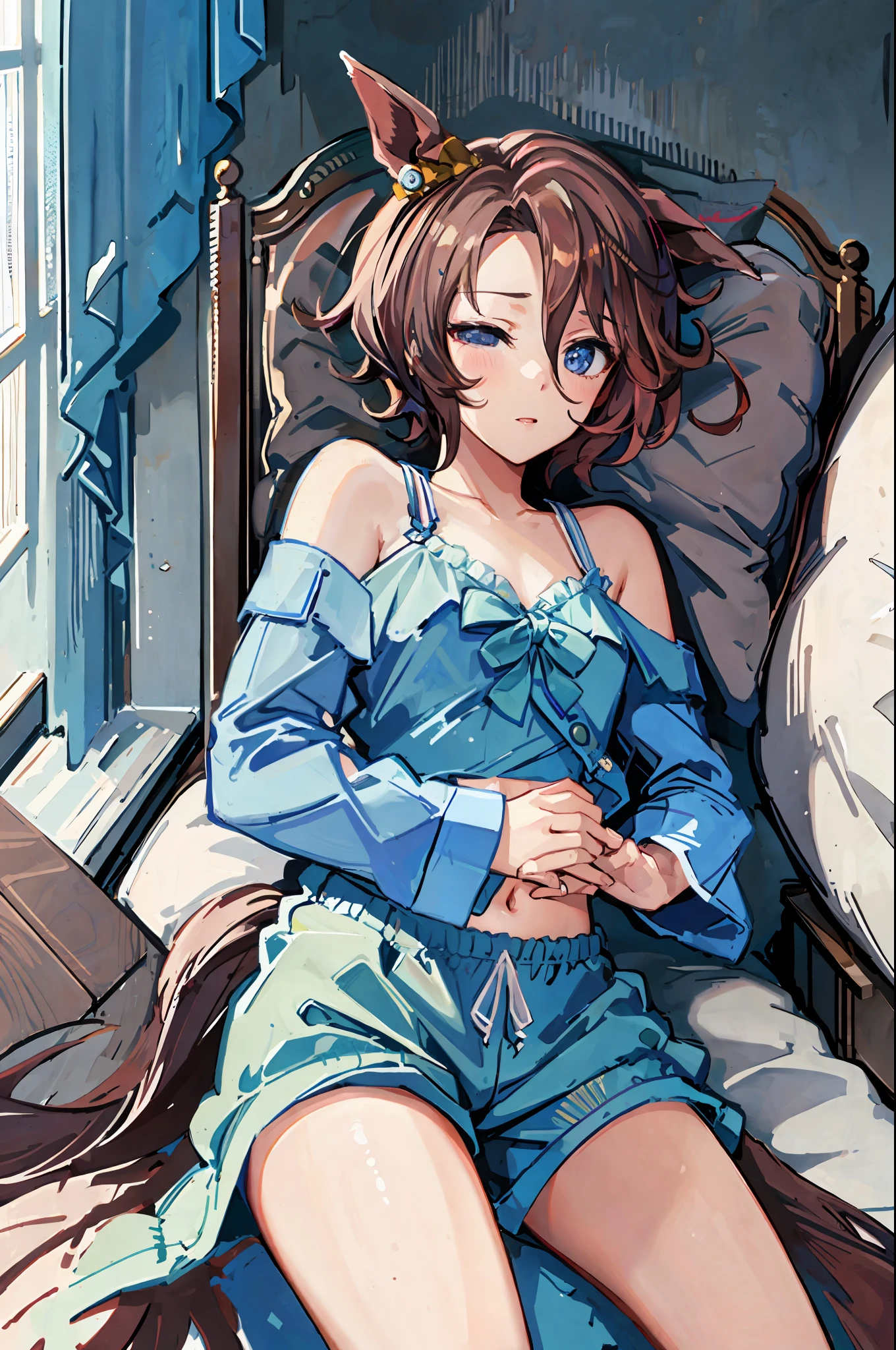 ((masterpiece, best quality)), umamusume, 1 girl, solo, horse ears, navel, sleeping awake, pajamas, bed