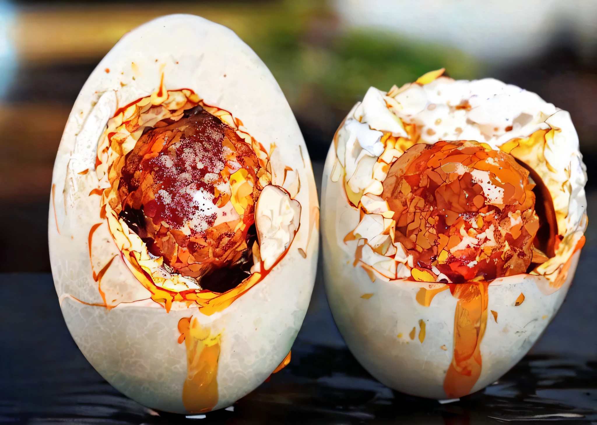 there are two eggs with meat inside of them on a table, 3 4 5 3 1, easy, dragon eggs, 4 0 9 6, magic frozen ice phoenix egg, humpty dumpty in form of egg, food photography 4 k, egg yolk, ❤🔥🍄🌪, high quality food photography, yummy, eggs, hasbulla