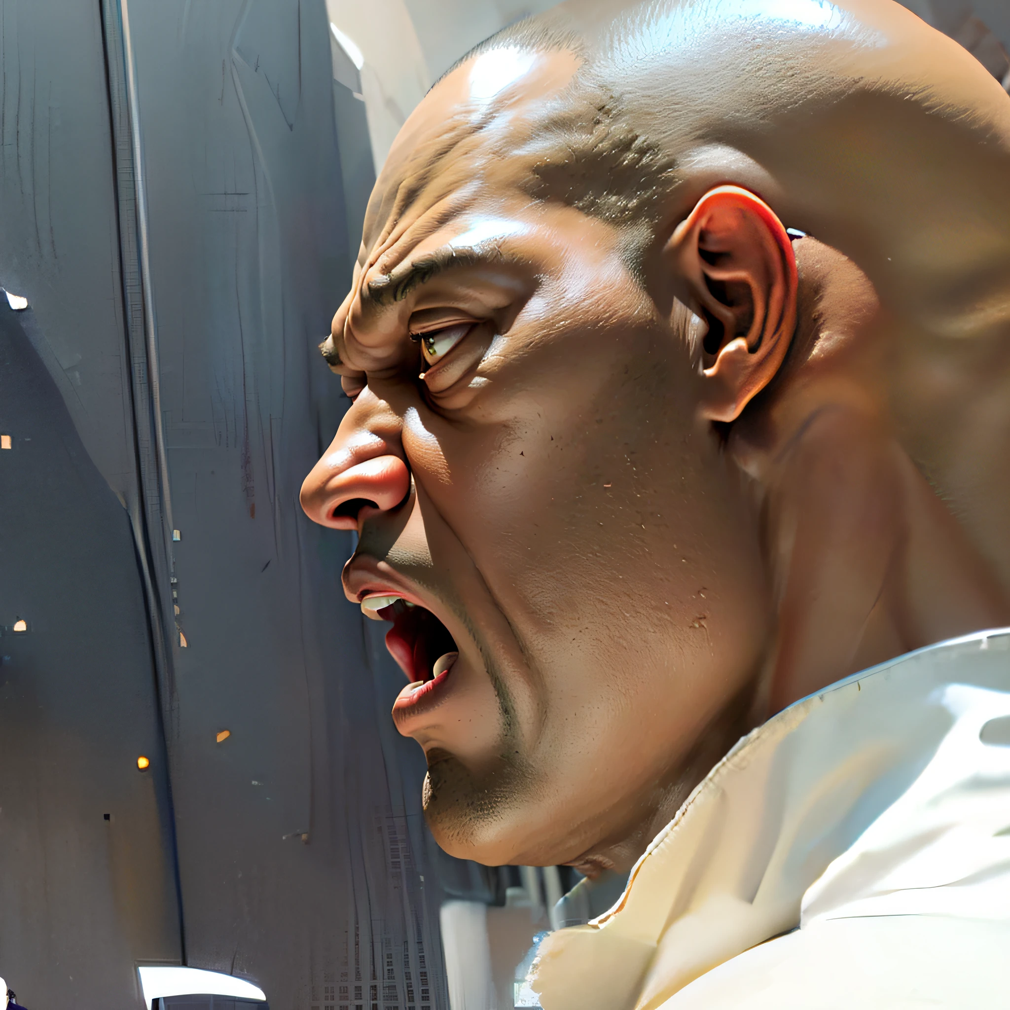 furious (((laurence fishburne))), (((dark skin))), the matrix (1999), 80mm, ((western animation)), (morpheus the matrix (1999)) screaming, (bald), (((laurence fishburne))), angry, black bald man