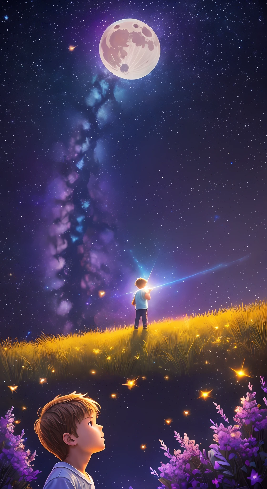 (Highers, ultra detailed, cinematic, UHD), night, mountain, dark sky, (big moon in the sky), (saturnus in the sky), galaxy in the sky, nebula in the sky, snowy, (old western bulding) , purple flower field, warm, orange, blue, purple, detailed building, detailed field, detailed sky, shooting star from above, dreamy, magical, boy looking at the sky, boy holding lattern, light particle, fireflies, oil painting --auto --s2
